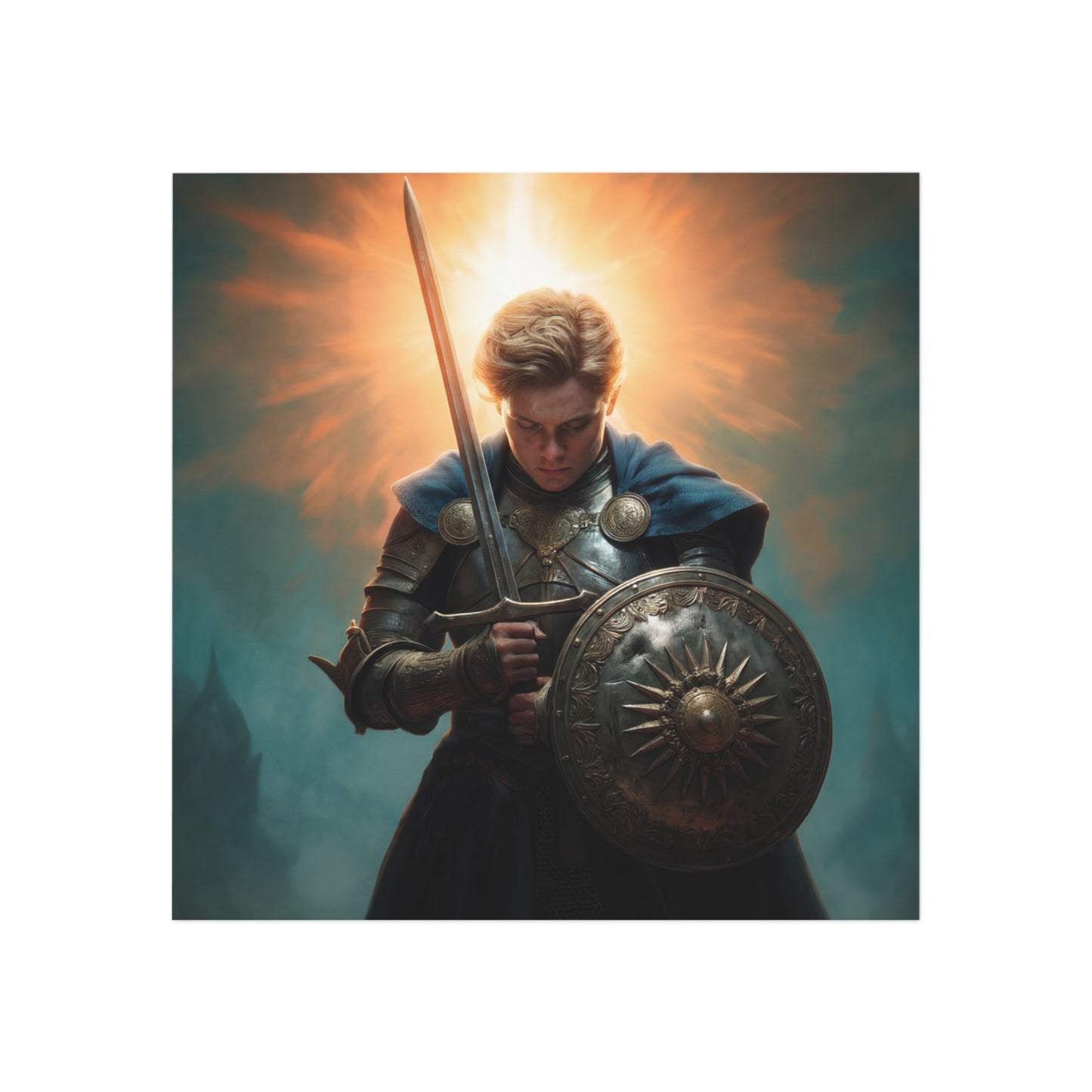 Dawn-Kissed Knight Square Magnet – Sunlit Resolve Against Misty Towers