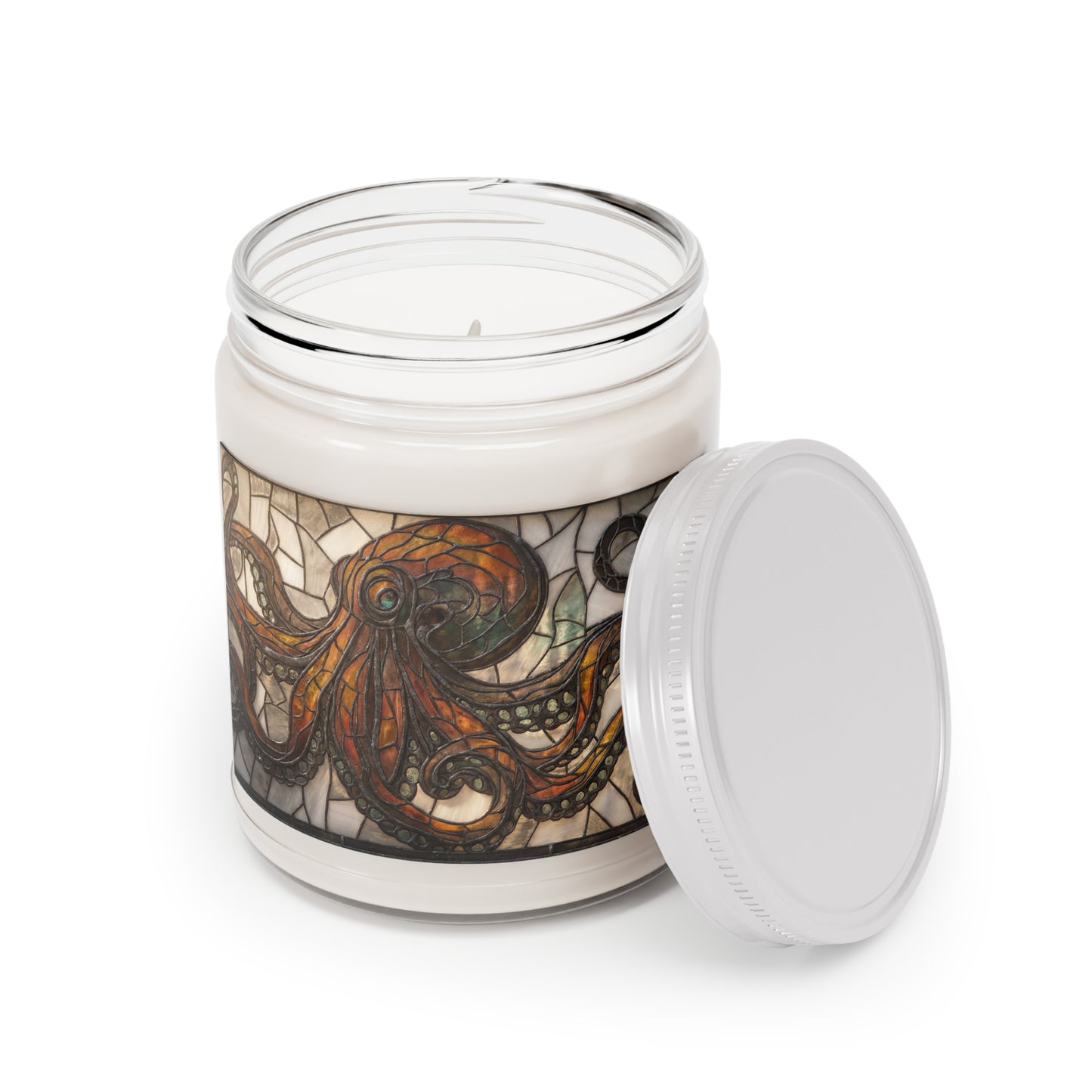 Stained Glass Octopus Scented Soy Candles with White Lid, 9oz – Deep Sea Cathedral Light