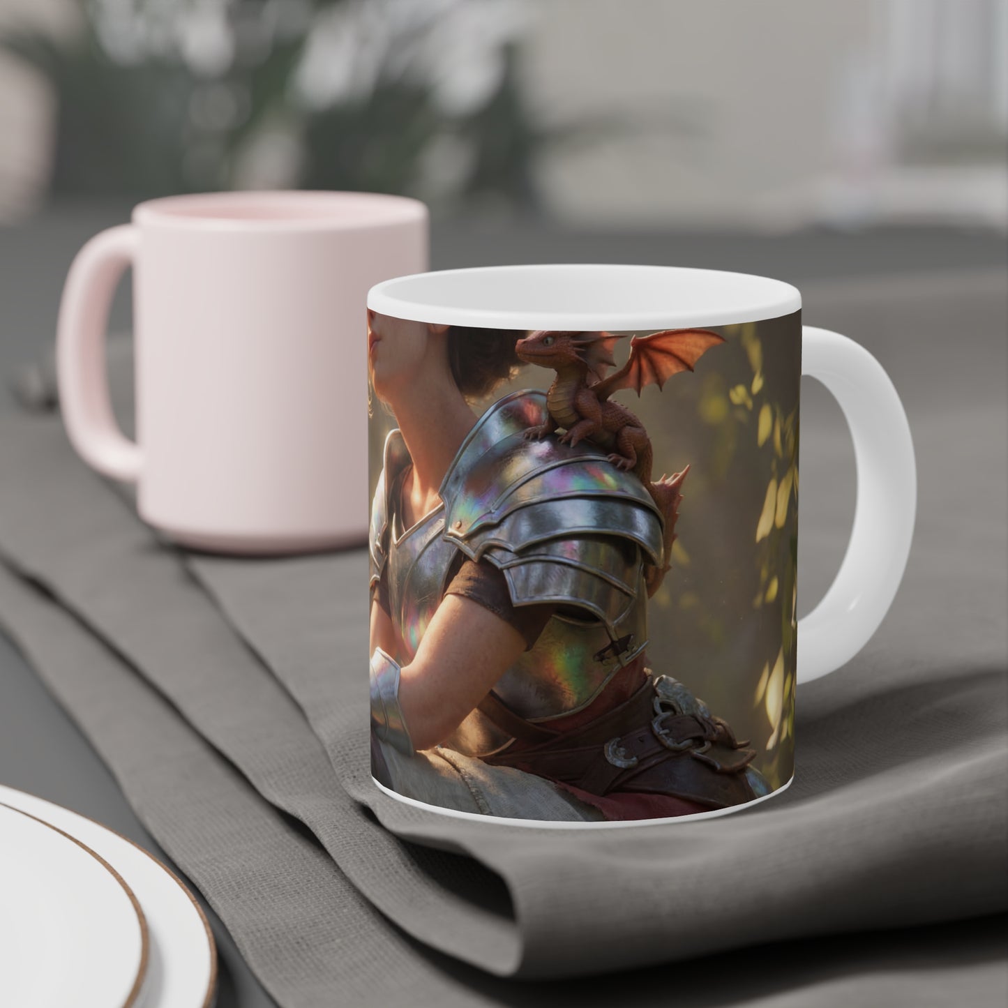 Elf Sentinel Ceramic Mugs (11oz\15oz\20oz) – Sunlit Grove with Tiny Dragon Companion