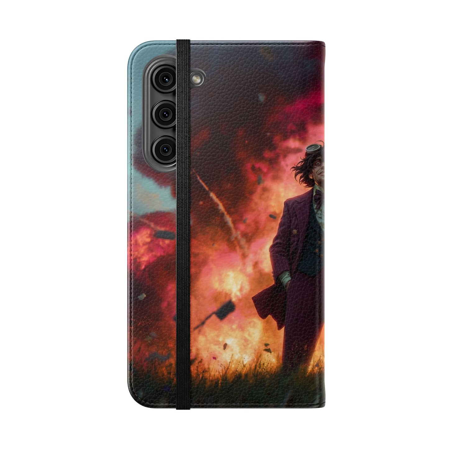 Goggles & Chaos Flip Cases – Purple Suit Amidst Fiery Explosion