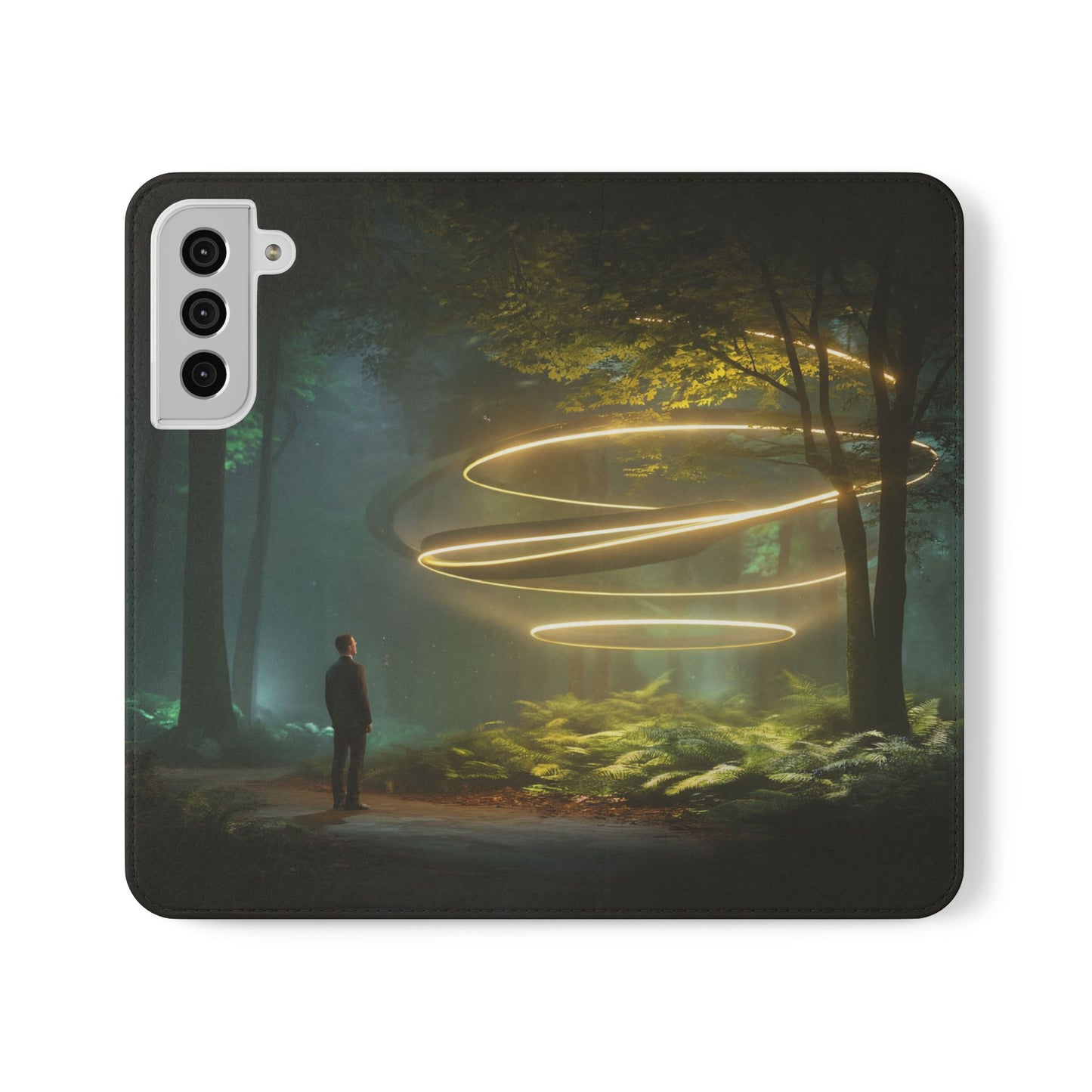 Luminous Spiral Forest Flip Cases – Golden Light Rings Mystery Scene
