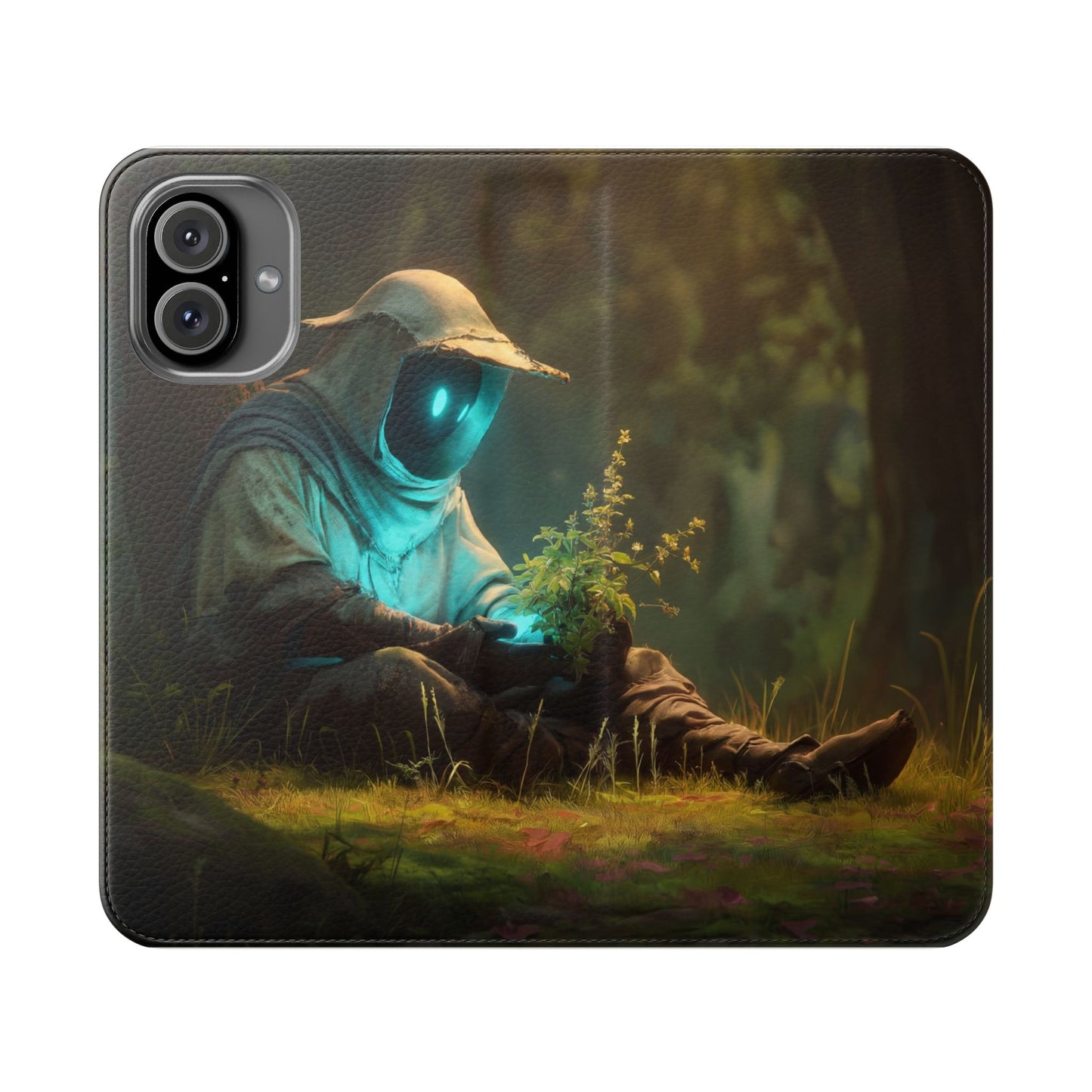 Glowing Orb Hooded Guardian Flip Cases – Bioluminescent Forest Keeper