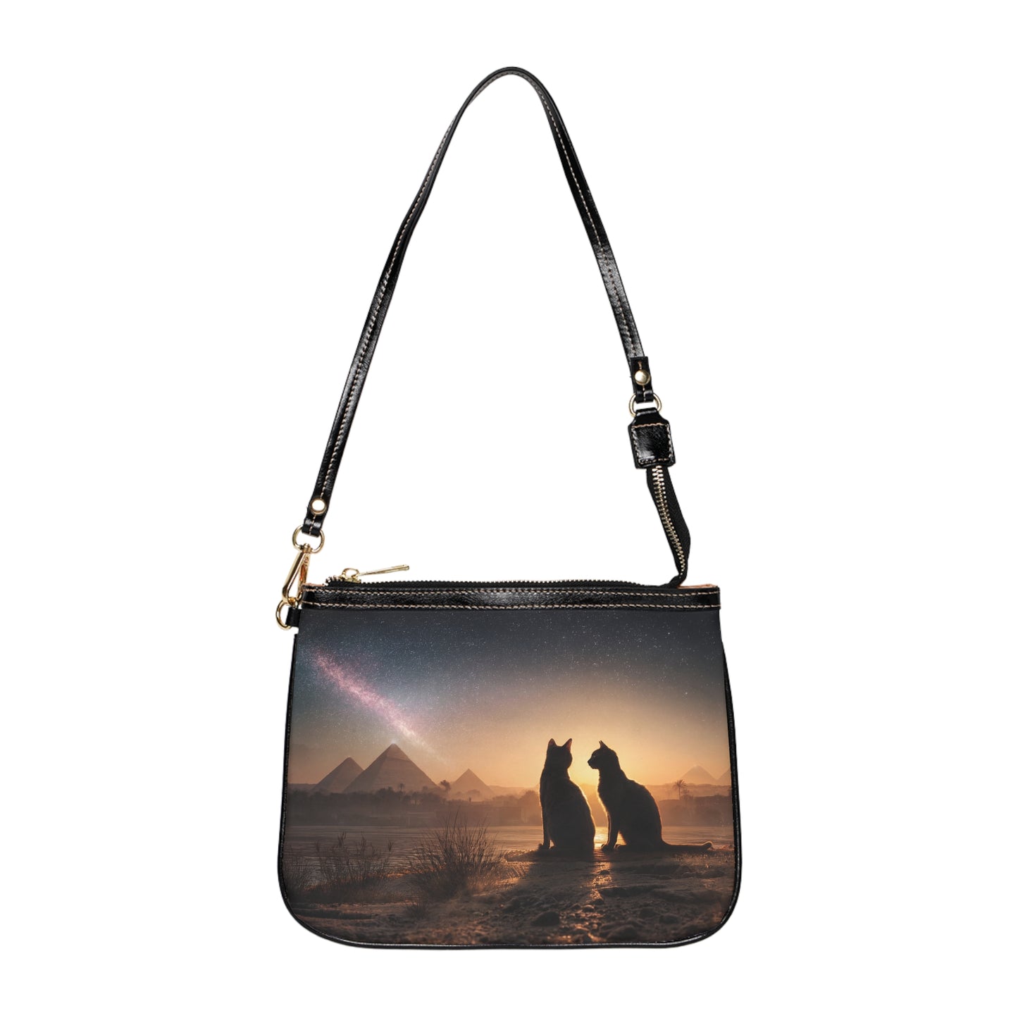 Starlit Pyramids Cat Pair Small Shoulder Bag – Whispers of Ancient Twilight