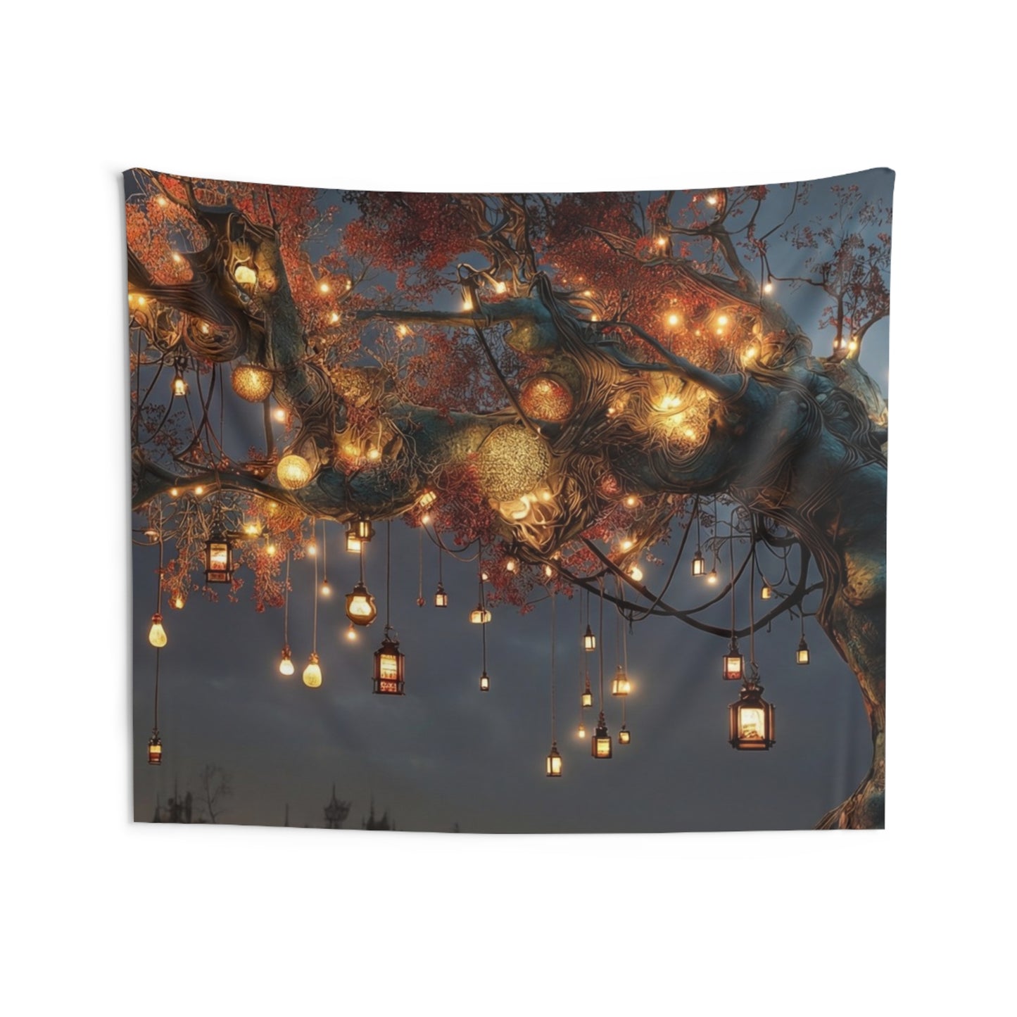 Lantern Tree Wall Tapestry – Desert Nightscape with Glowing Lights
