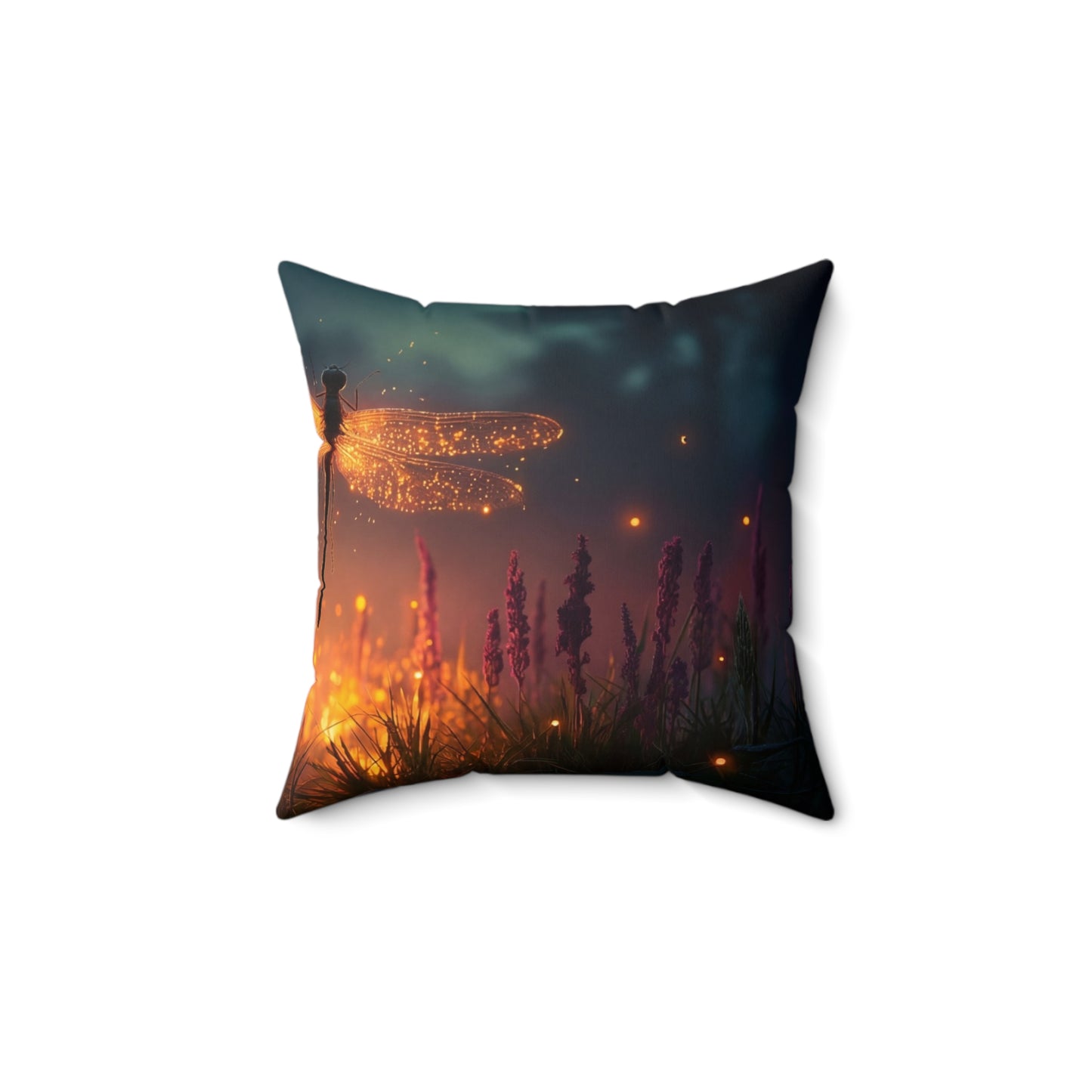 Glowing Dragonfly Spun Polyester Square Pillow – Twilight Meadow Luminescence