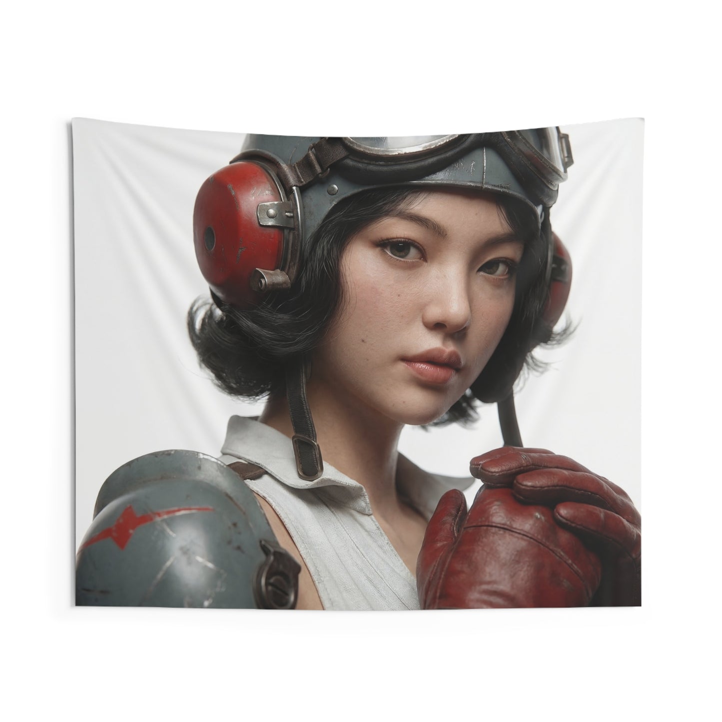 Vintage Pilot Portrait Indoor Wall Tapestries – Crimson Goggles & Steel Resolve