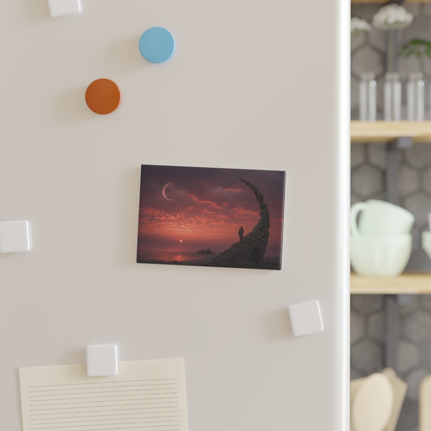 Solstice Staircase Button Magnet, Rectangle (1 & 10 pcs) – Ascending Into Crimson Twilight
