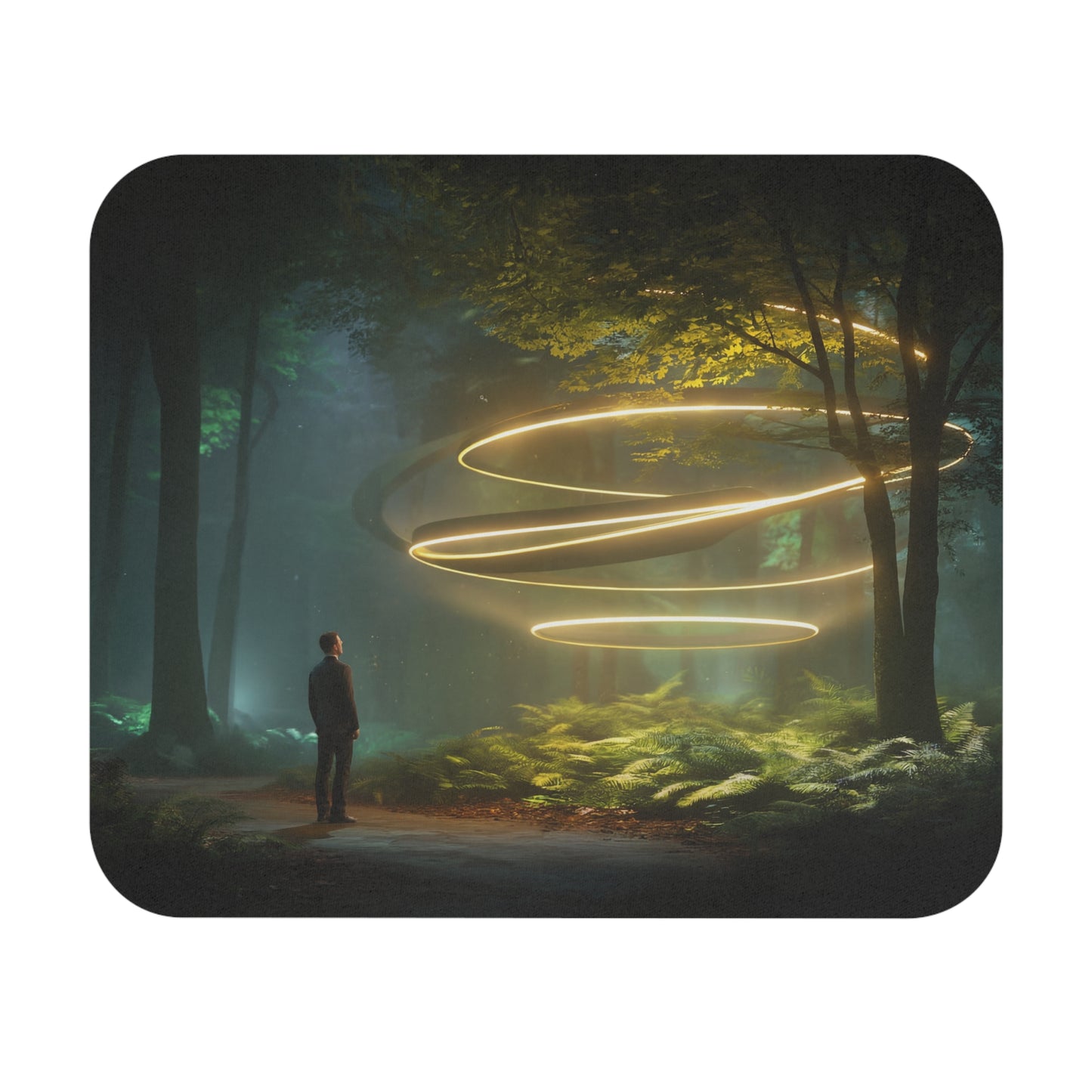 Luminescent Spiral Forest Mouse Pad – Golden Orb Portal Dreamscape