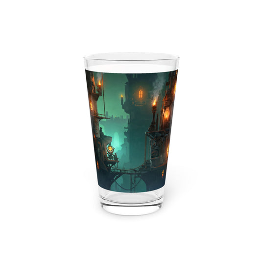 Floating City at Dusk Pint Glass – Amber Lights in the Mist
