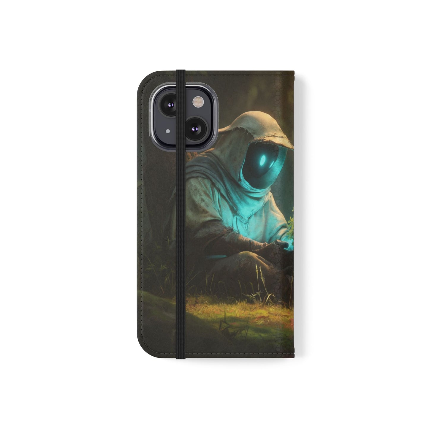 Glowing Orb Hooded Guardian Flip Cases – Bioluminescent Forest Keeper