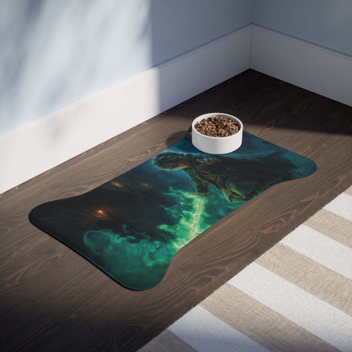 Gnome Guardian Pet Feeding Mats – Emerald Flame Sentinel