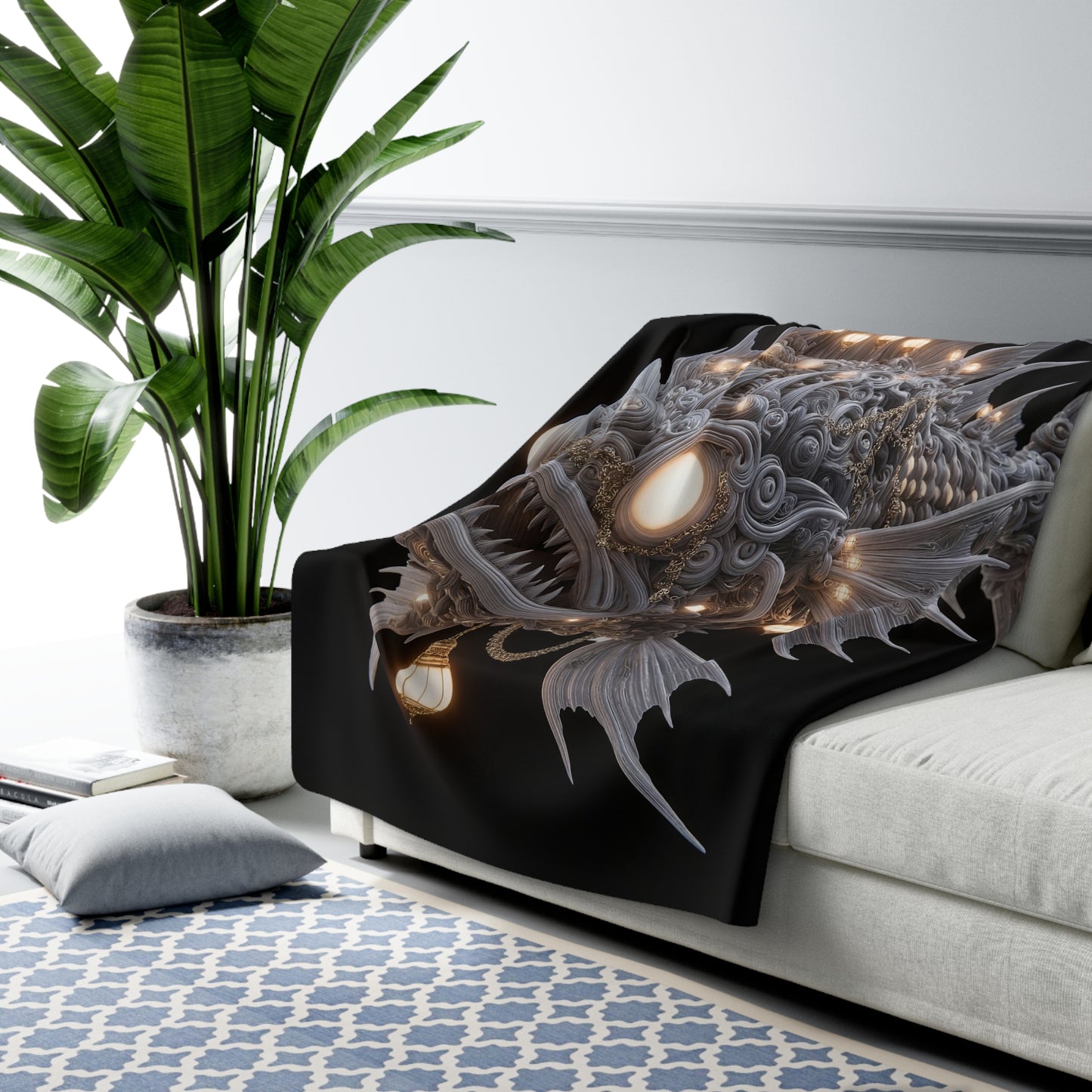 Luminescent Lantern Fish Sherpa Fleece Blanket – Deep Sea Chandelier Dreamscape