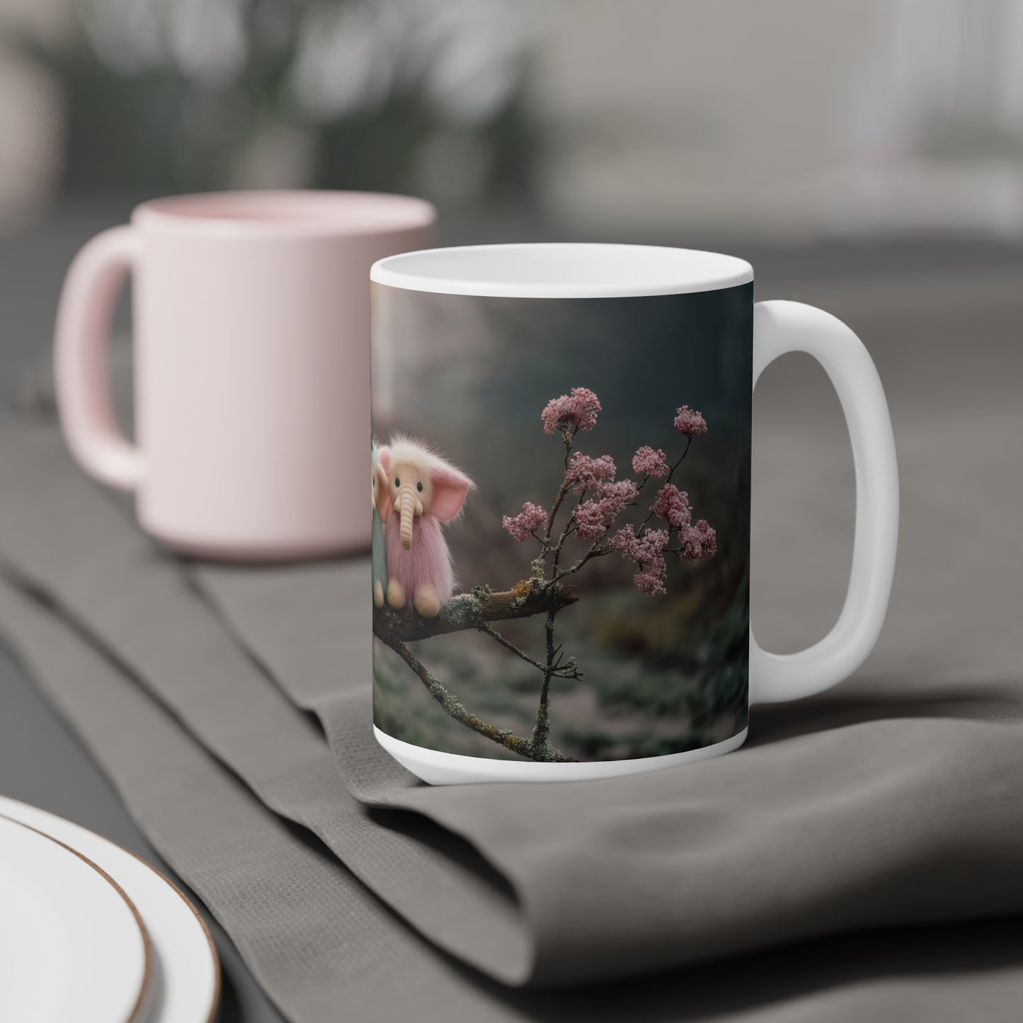 Three Furred Elephants Ceramic Mugs (11oz\15oz\20oz) – Dawn’s Whisper on Mossy Branch