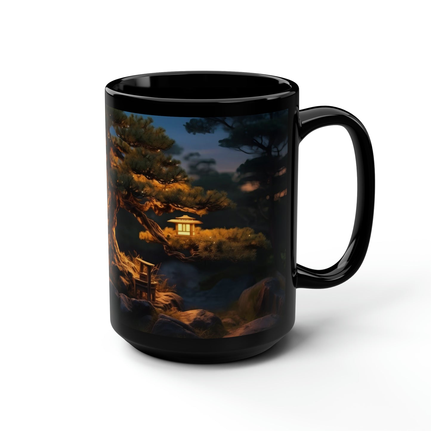 "An ancient bonsai pine tree adorned with paper lanterns, captured in the dim light of dusk, ultra-realistic, nature photography, Canon EOS R5." - Mug, Black