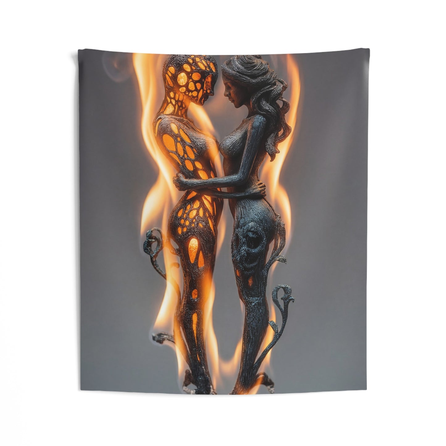Flame-Embraced Lovers Indoor Wall Tapestries – Intertwined Spirits Amidst Dancing Fire