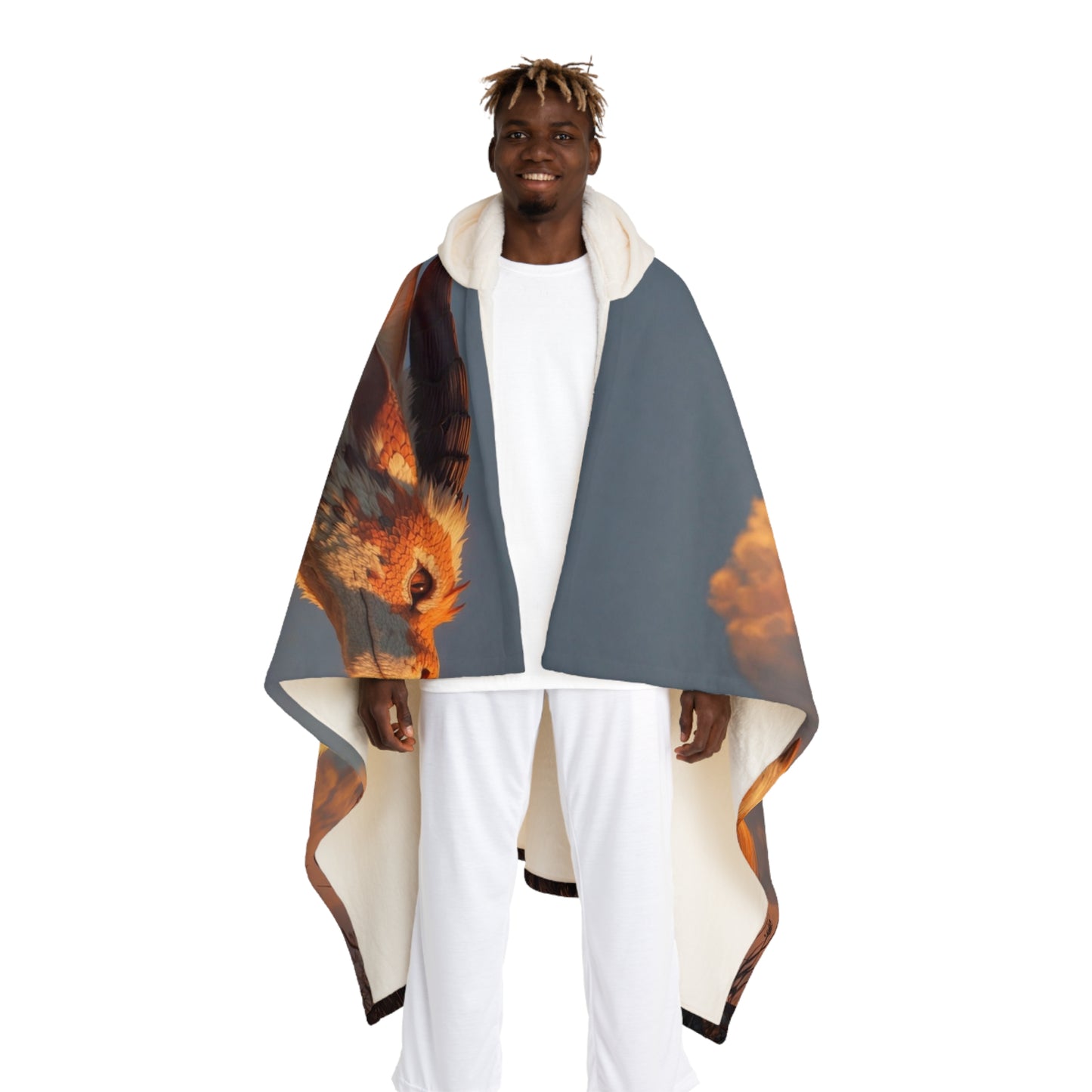 Sunset Sentinel Dragon Hooded Sherpa Fleece Blanket – Golden Hour Guardian