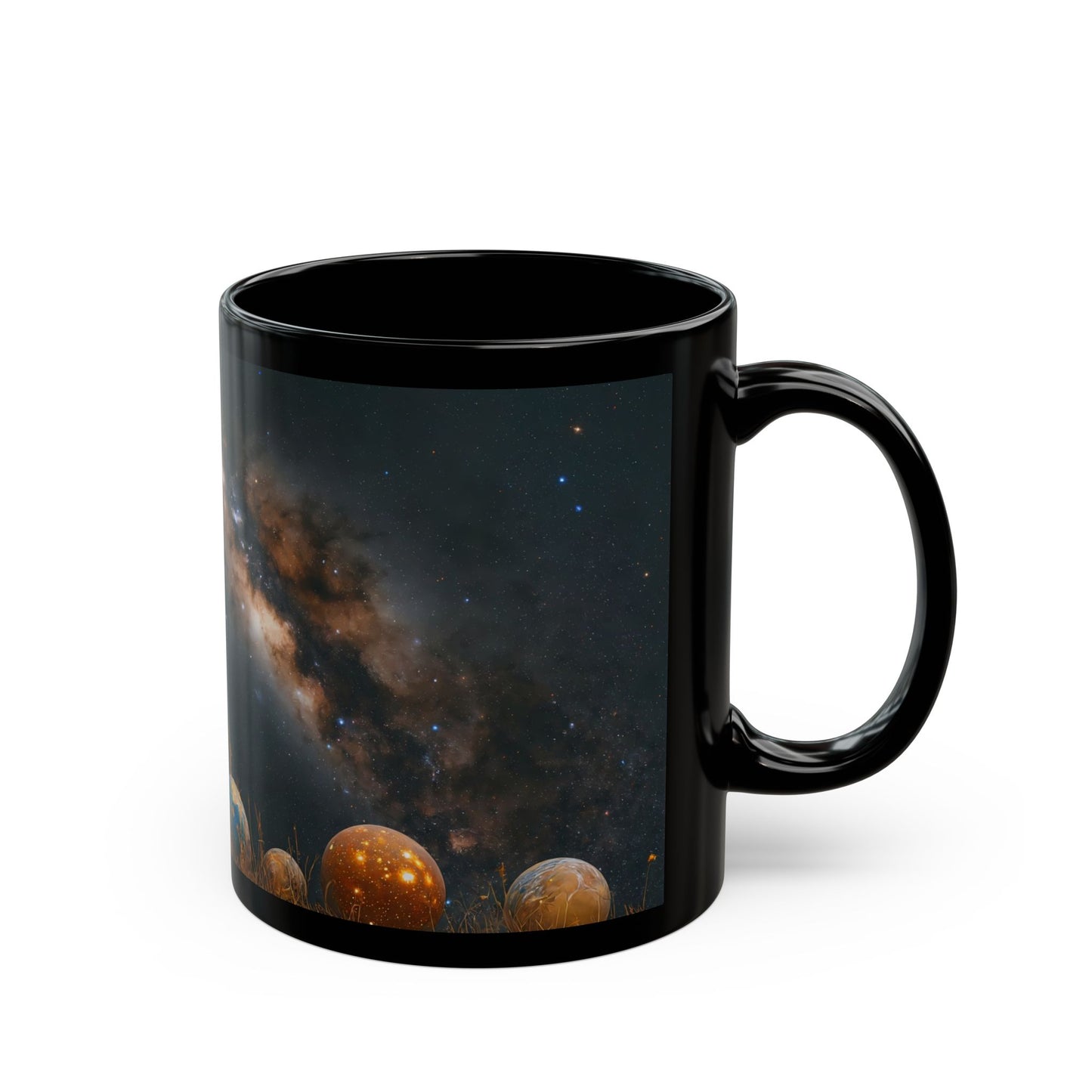 Celestial Weaver Black Mug – Cosmic Threads in Amber Robes