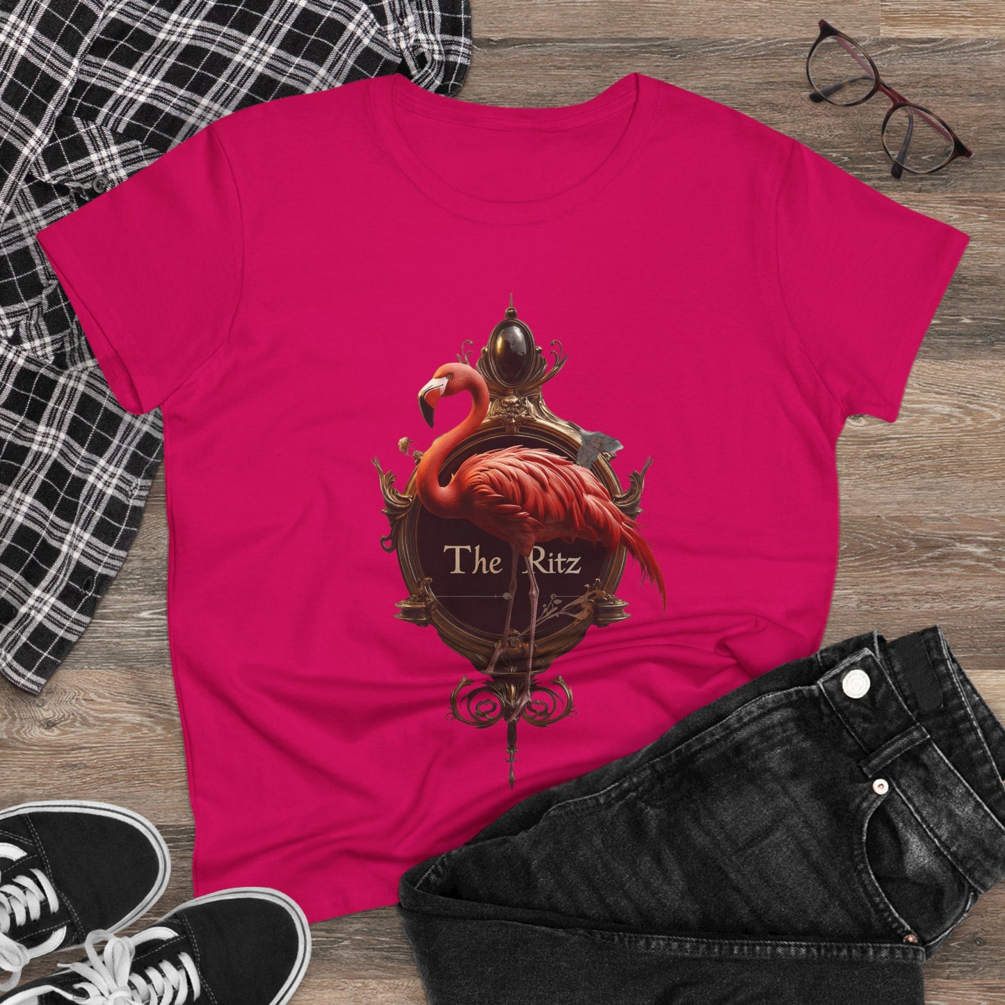 Scarlet Flamingo Ornate Clock Tee – The Ritz Midnight Sentinel Women's Midweight Cotton Tee