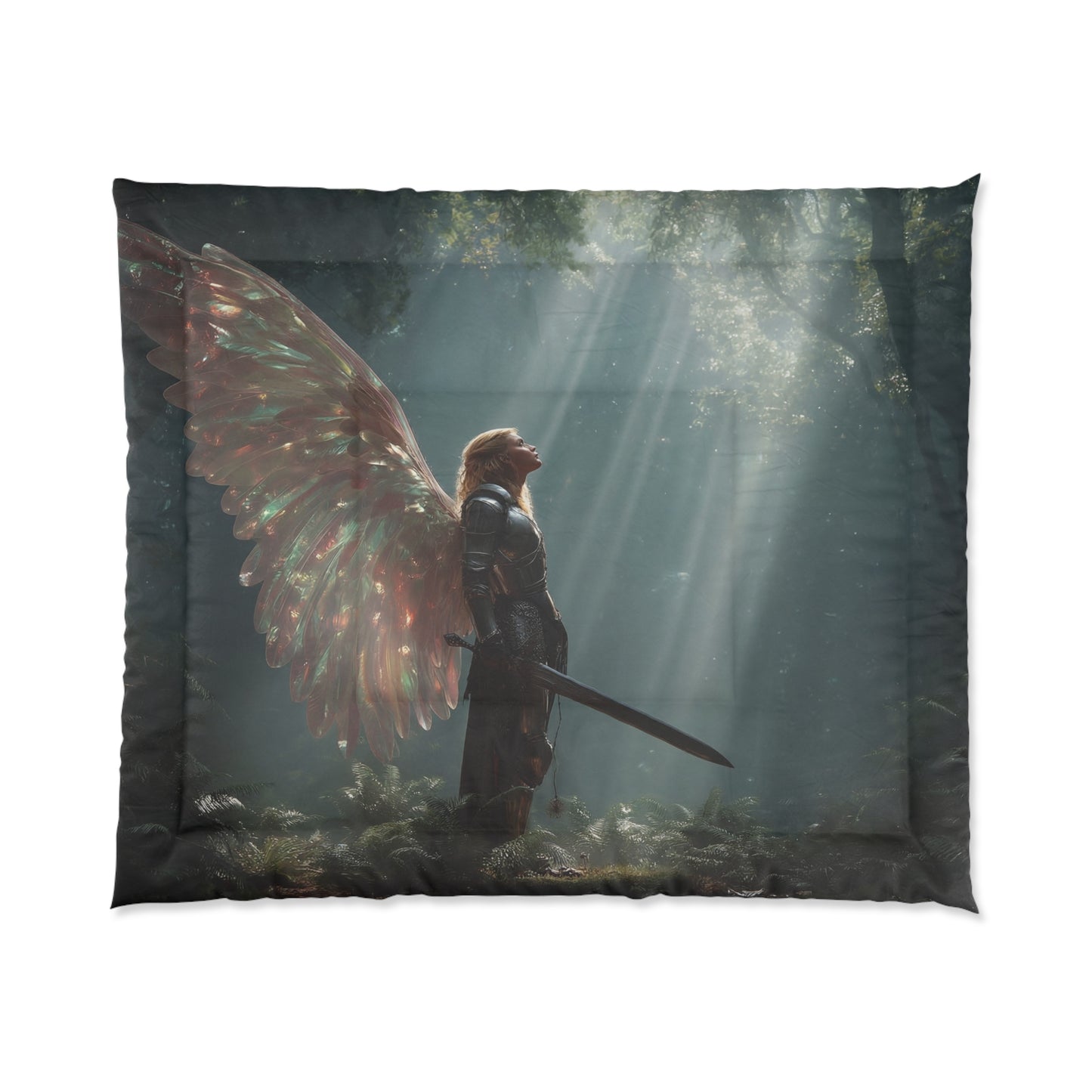 Winged Sentinel Comforter – Sunlit Forest Guardian Dreamscape
