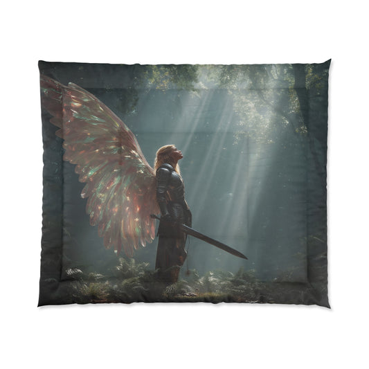 Winged Sentinel Comforter – Sunlit Forest Guardian Dreamscape