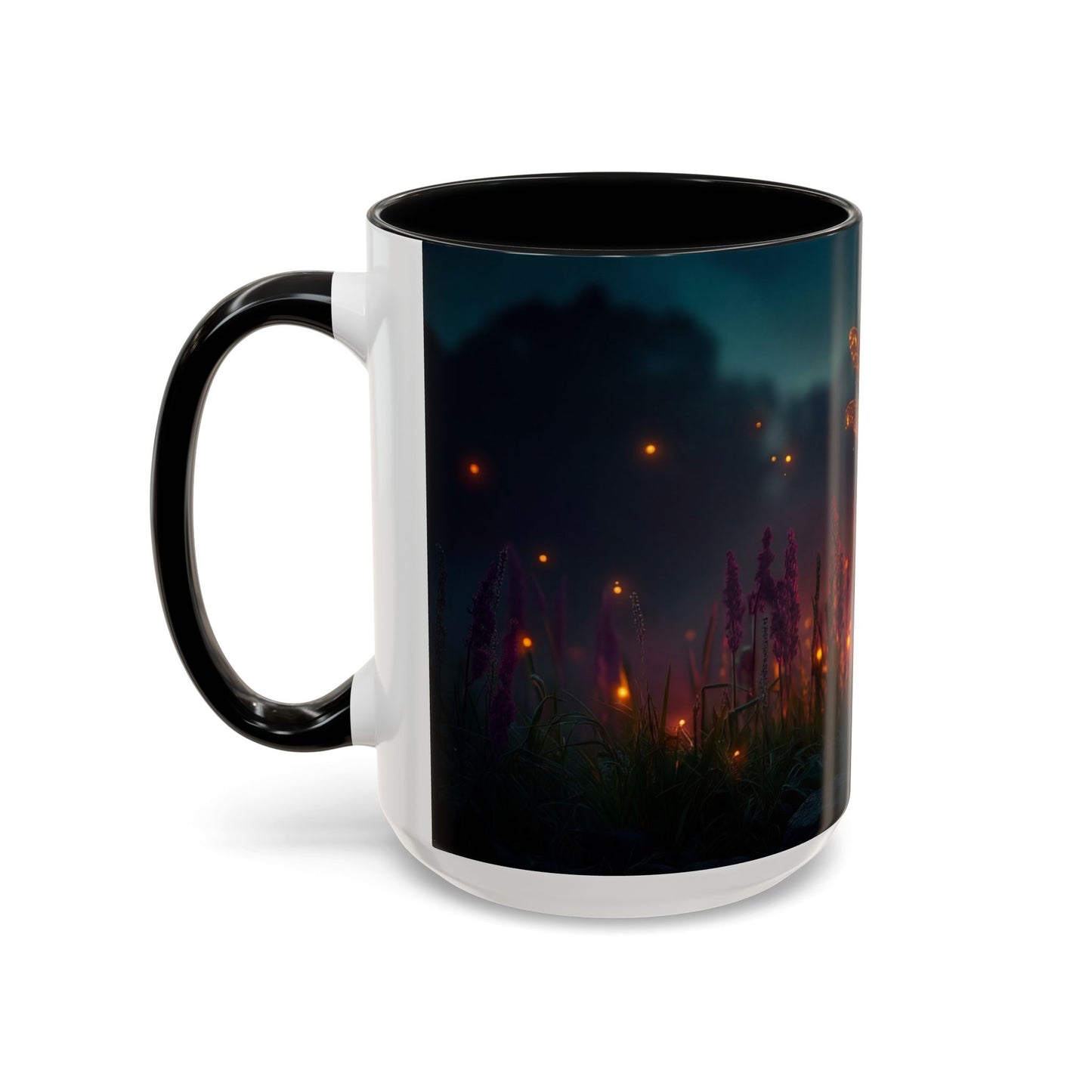 Firefly Dragonfly Accent Coffee Mug (11, 15oz) – Twilight Luminescence Over Meadow