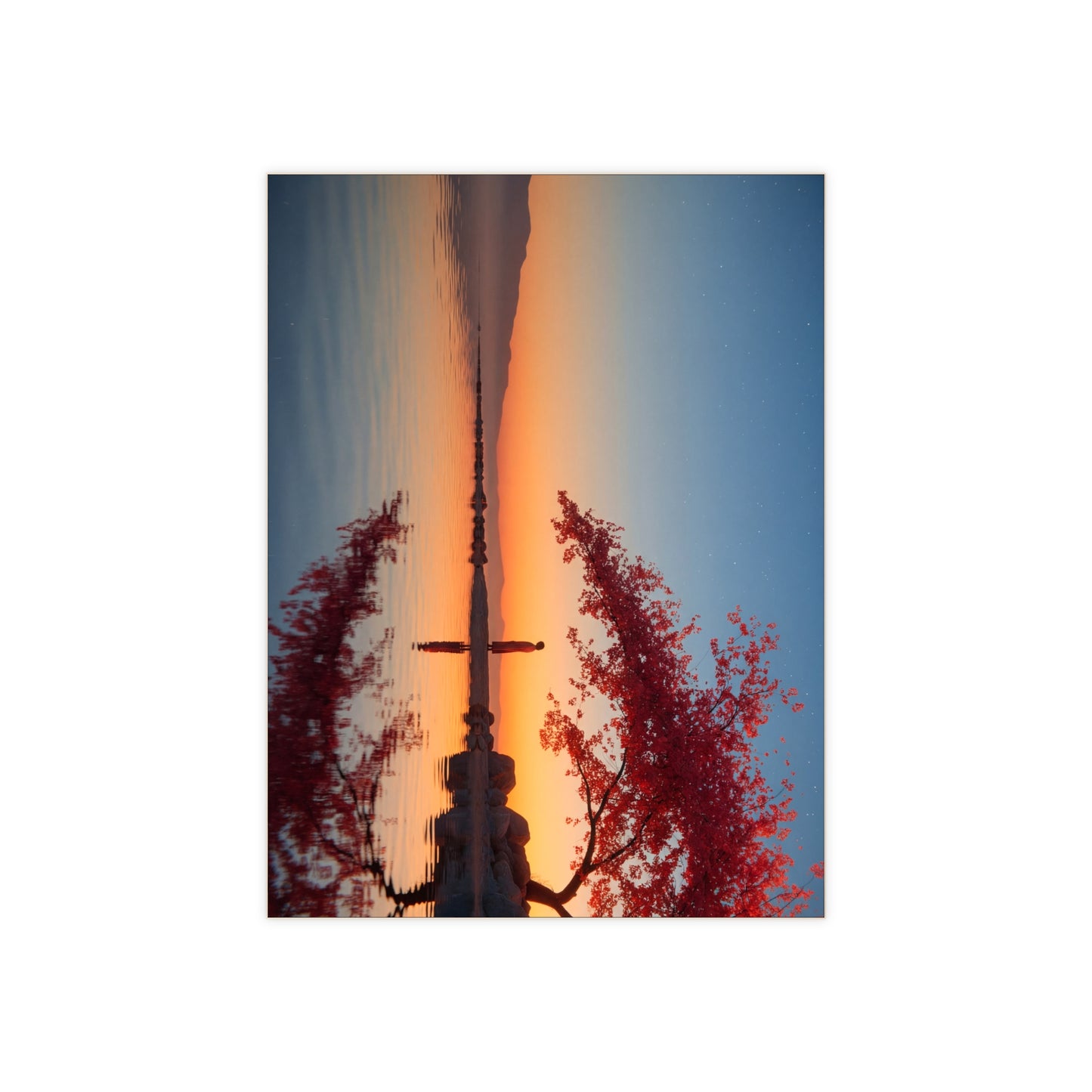 Cherry Blossom Sentinel Ceramic Photo Tile – Twilight Reflections by the Lake