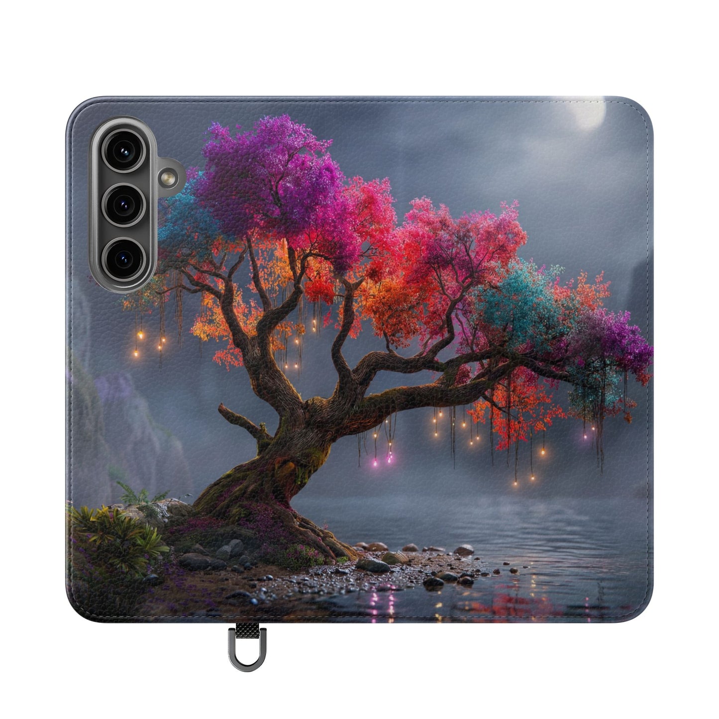 Chromatic Canopy Flip Cases – Rainbow Tree Moonlit Waterfall Scene