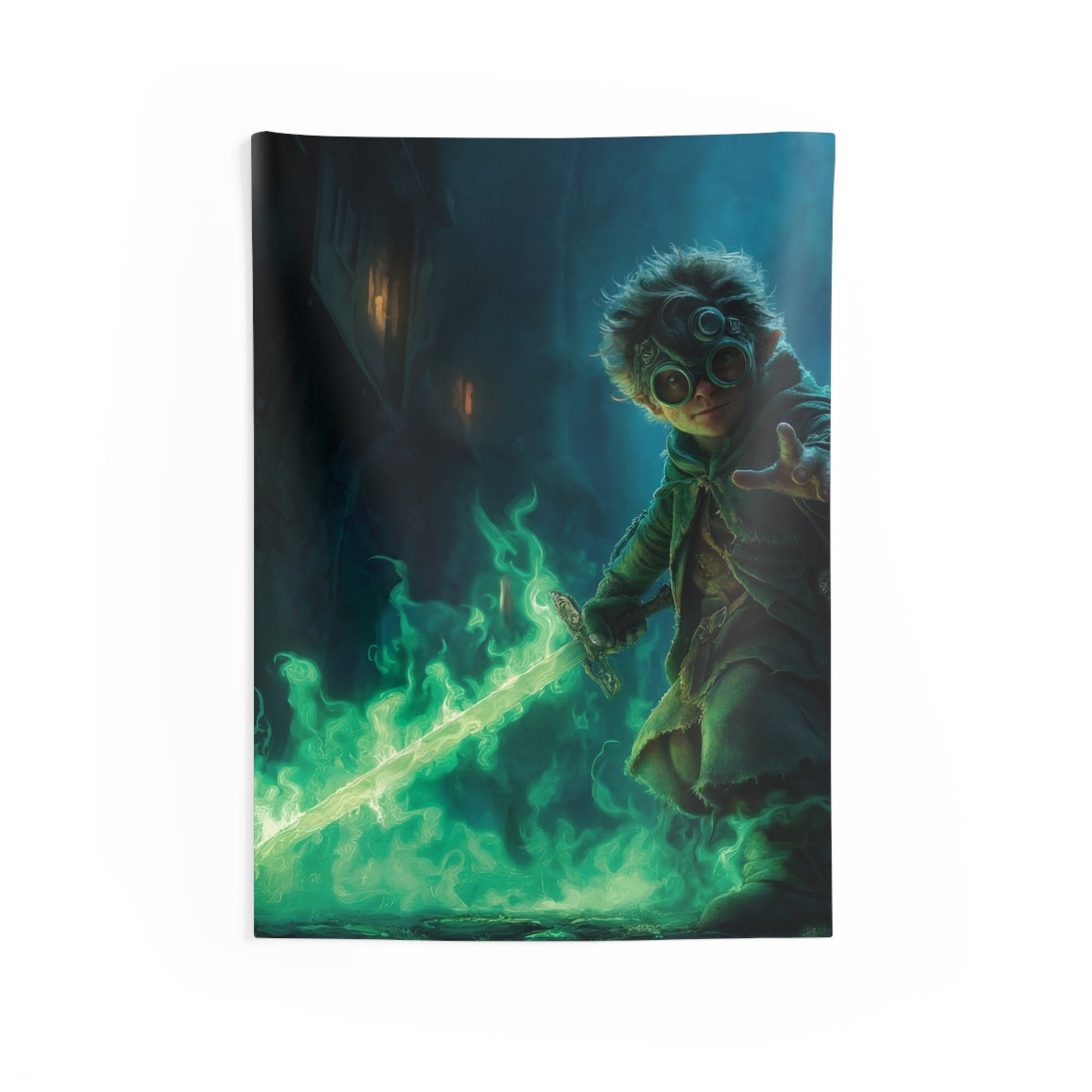 Green-Eyed Mage with Glowing Sword Indoor Wall Tapestries – Midnight Alley Adventure