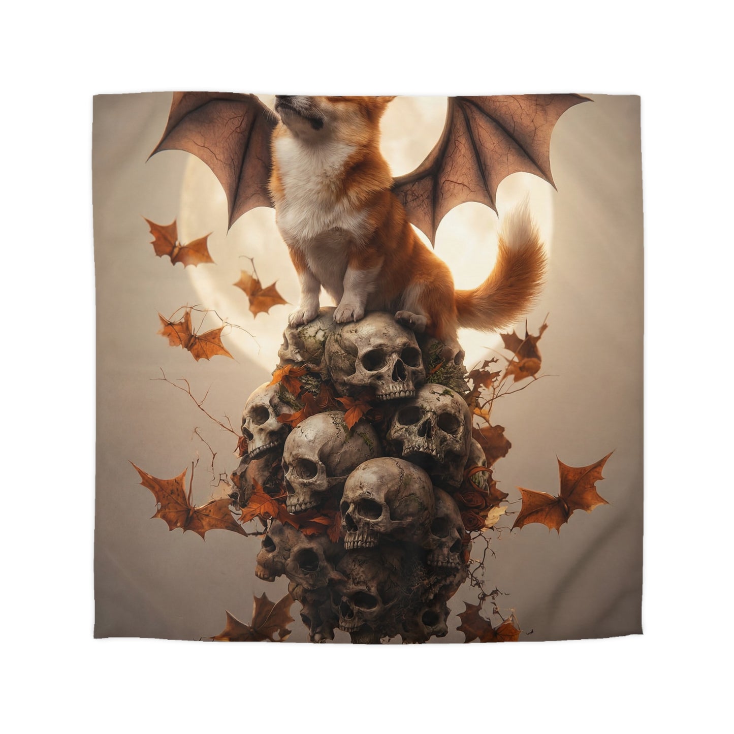 Bat-winged Corgi Duvet Cover – Moonlit Guardian of Autumn Skulls