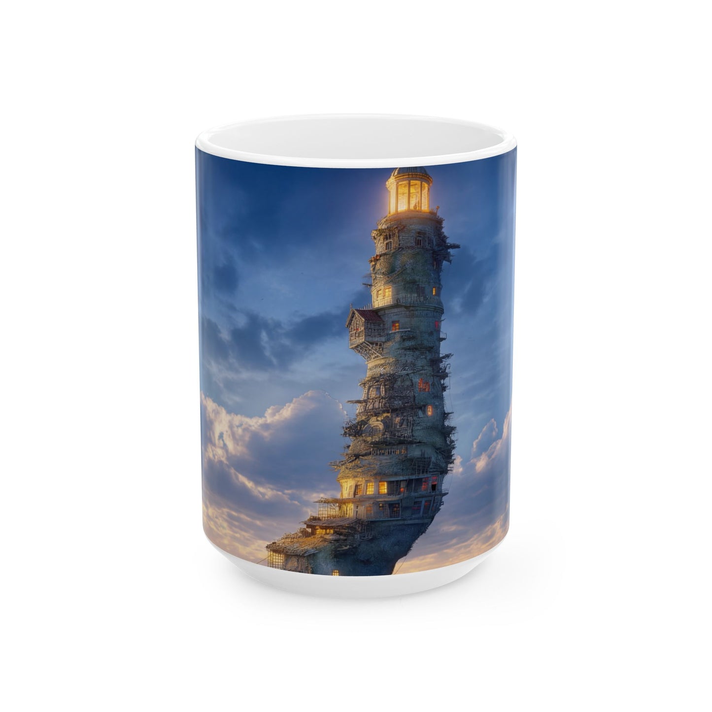 Skyborne Lighthouse Ceramic Mug – Twilight Beacon in the Clouds