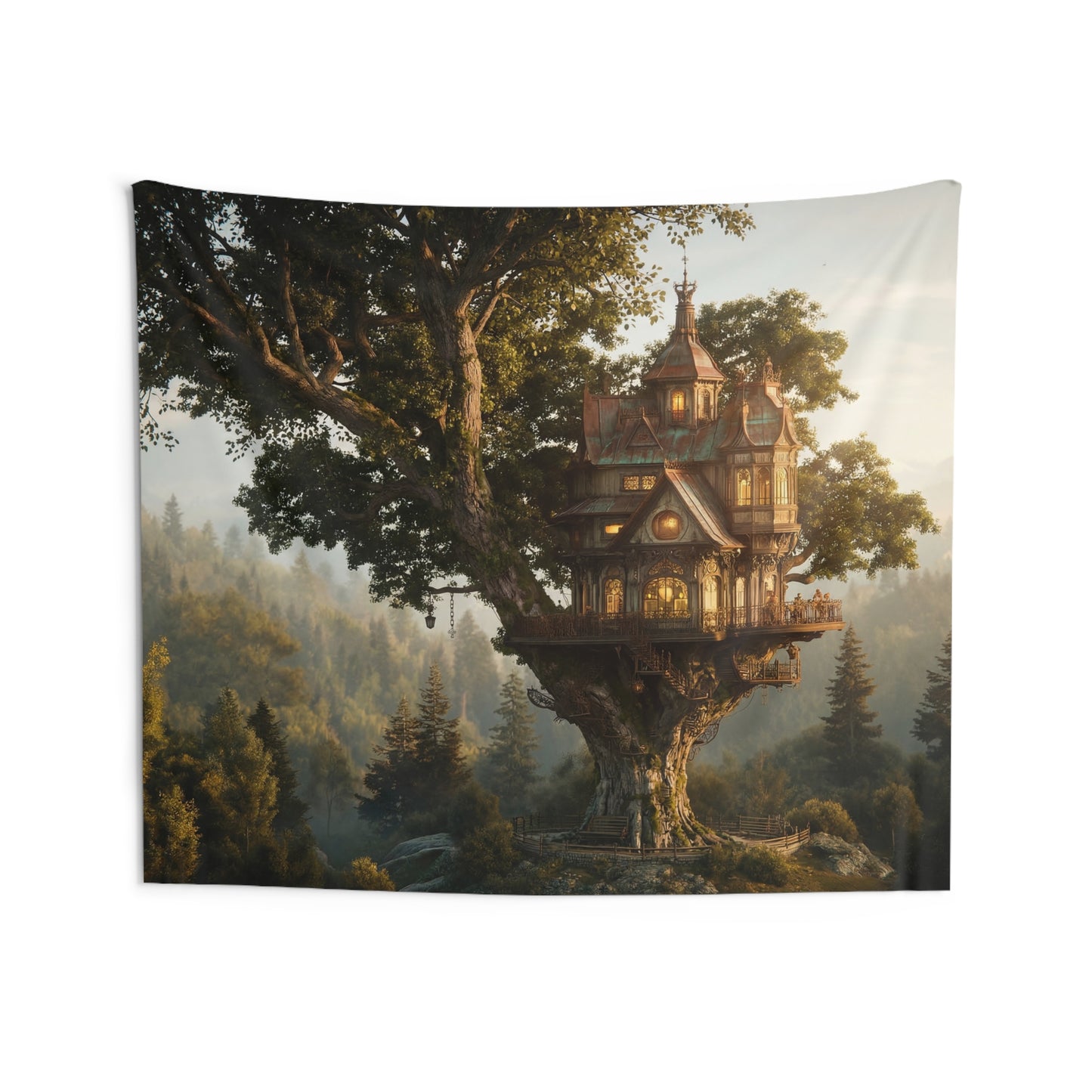 Treehouse Sanctuary Indoor Wall Tapestries – Golden Hour Forest Retreat