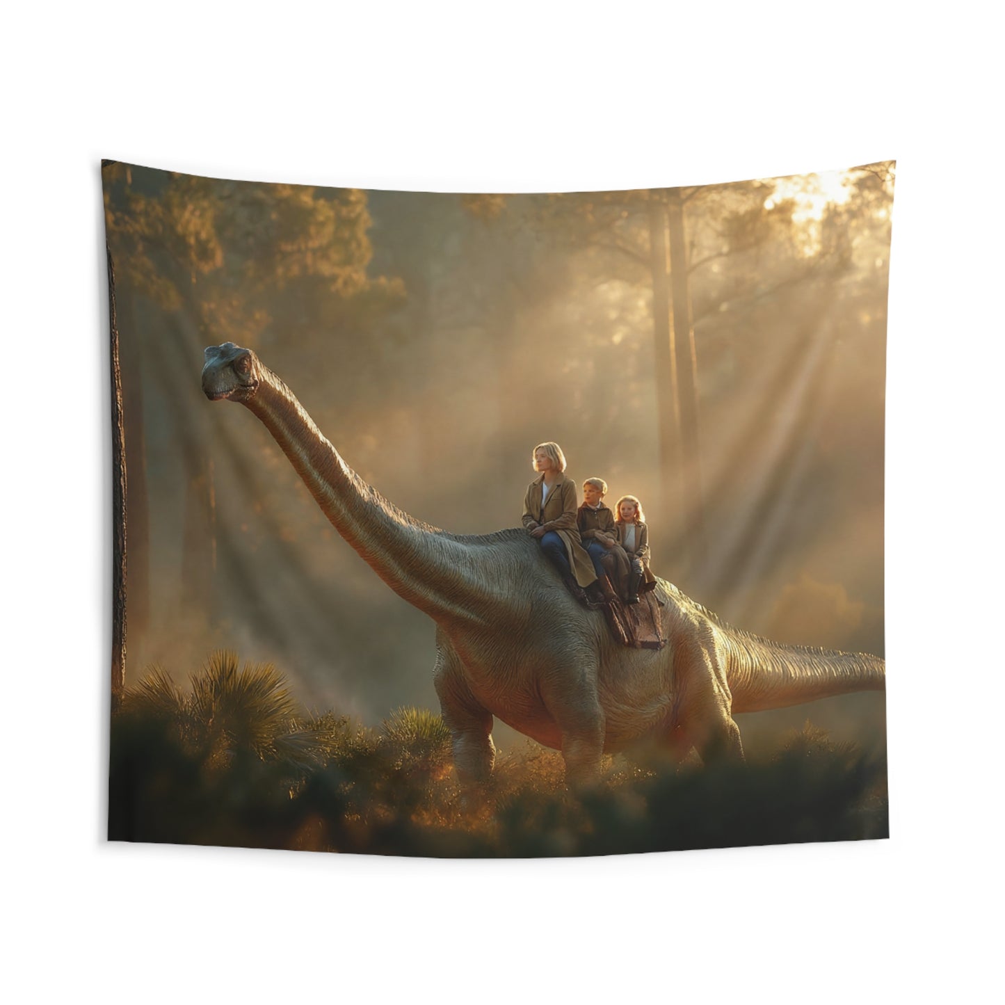 Gentle Dinosaur Ride Indoor Wall Tapestries – Sunset Forest Guardian