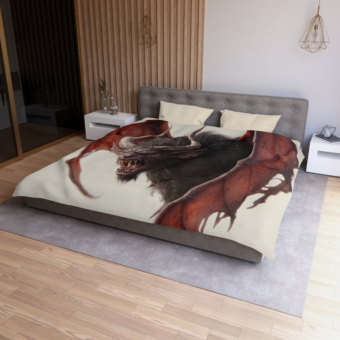 Fanged Horror Microfiber Duvet Cover – Crimson Winged Sentinel