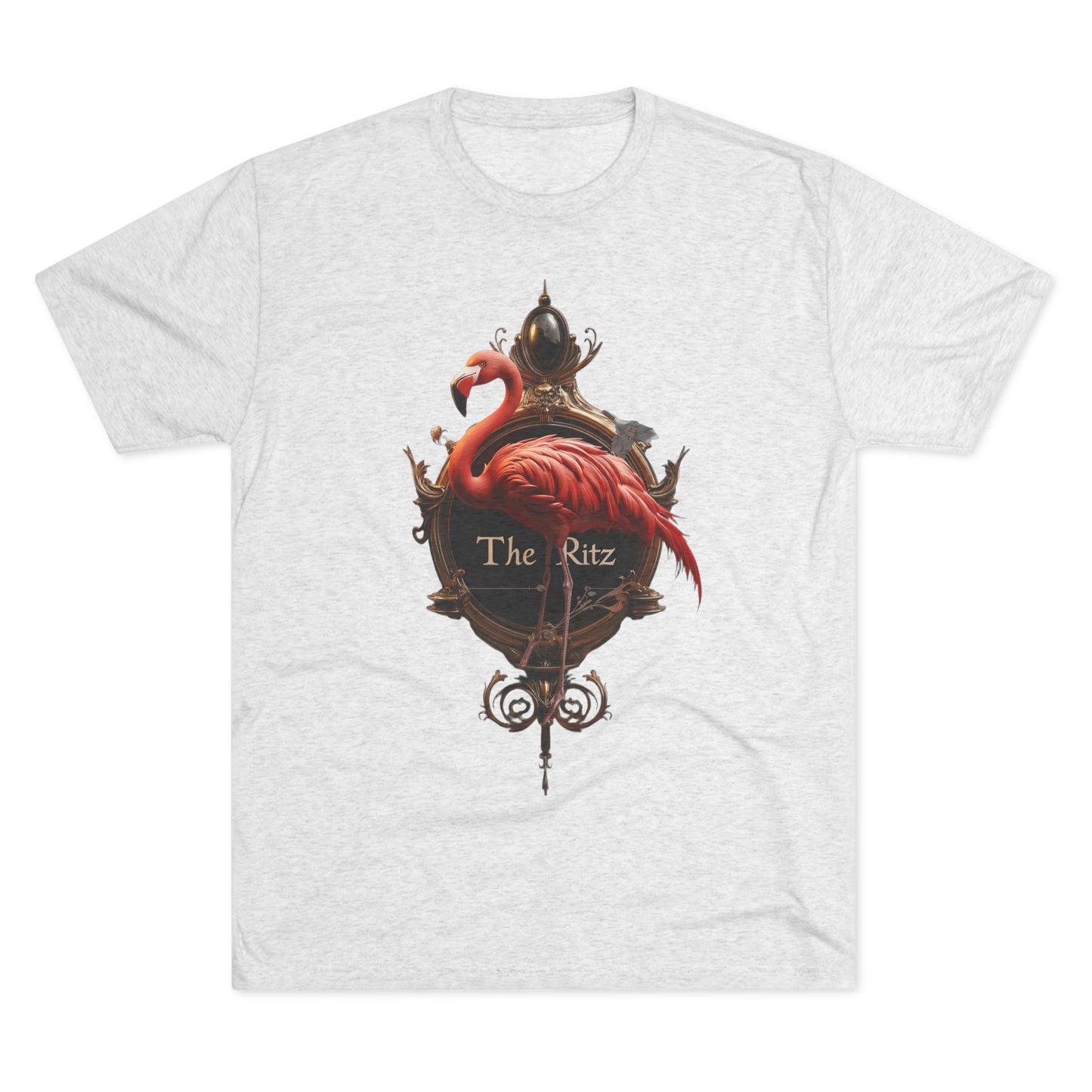 The Ritz Flamingo Sign Tri-Blend Crew Tee – Velvet Gold and Crimson Crest