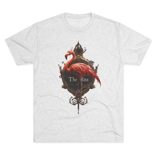 The Ritz Flamingo Sign Tri-Blend Crew Tee – Velvet Gold and Crimson Crest