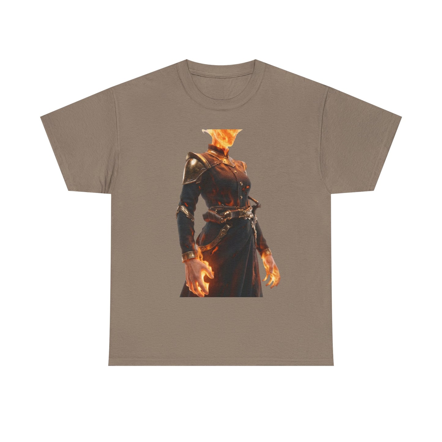 Flame-Headed Sentinel Unisex Heavy Cotton Tee – Gilded Armor & Burning Embers