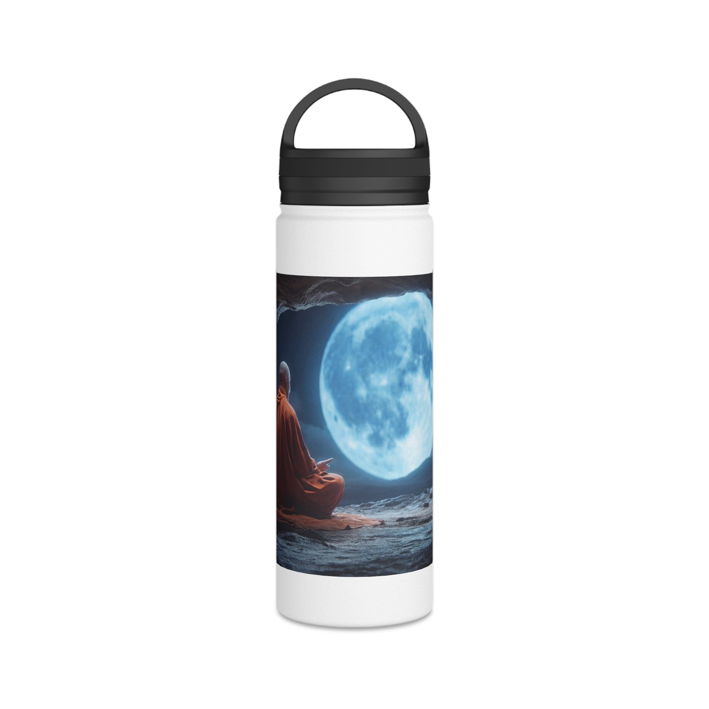 Moonlit Meditation Monk Stainless Steel Water Bottle, Handle Lid – Silent Stillness Under Celestial Glow
