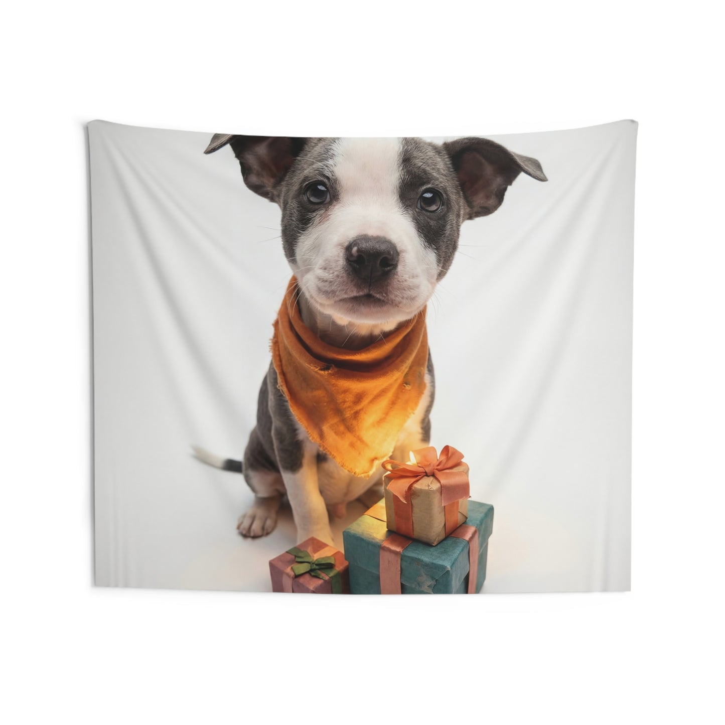 Puppy with Gifts Indoor Wall Tapestries – Warm Orange Bandana & Festive Presents
