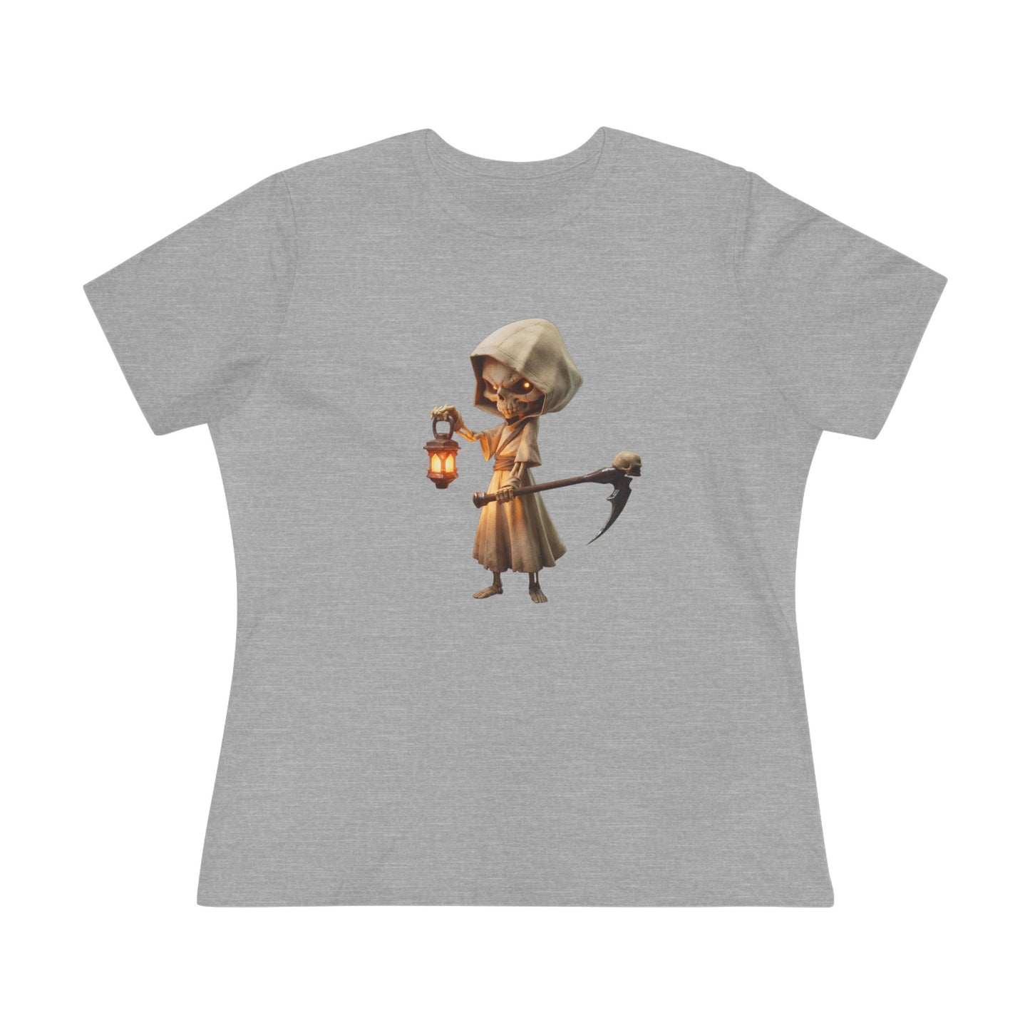 Lantern-Bearing Sentinel Women's Cotton Tee – Hooded Guardian with Scythe
