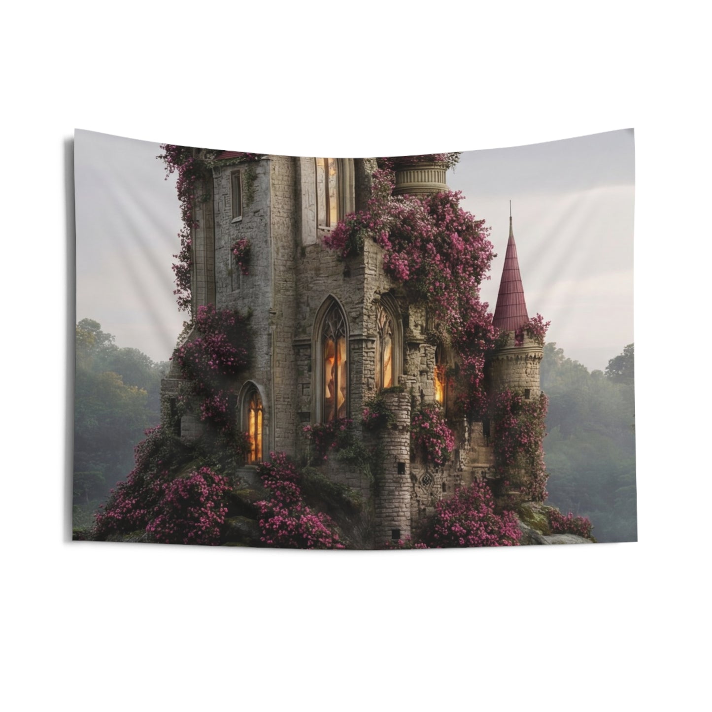 Rose-Covered Castle Wall Tapestry – Twilight Bloom Sanctuary