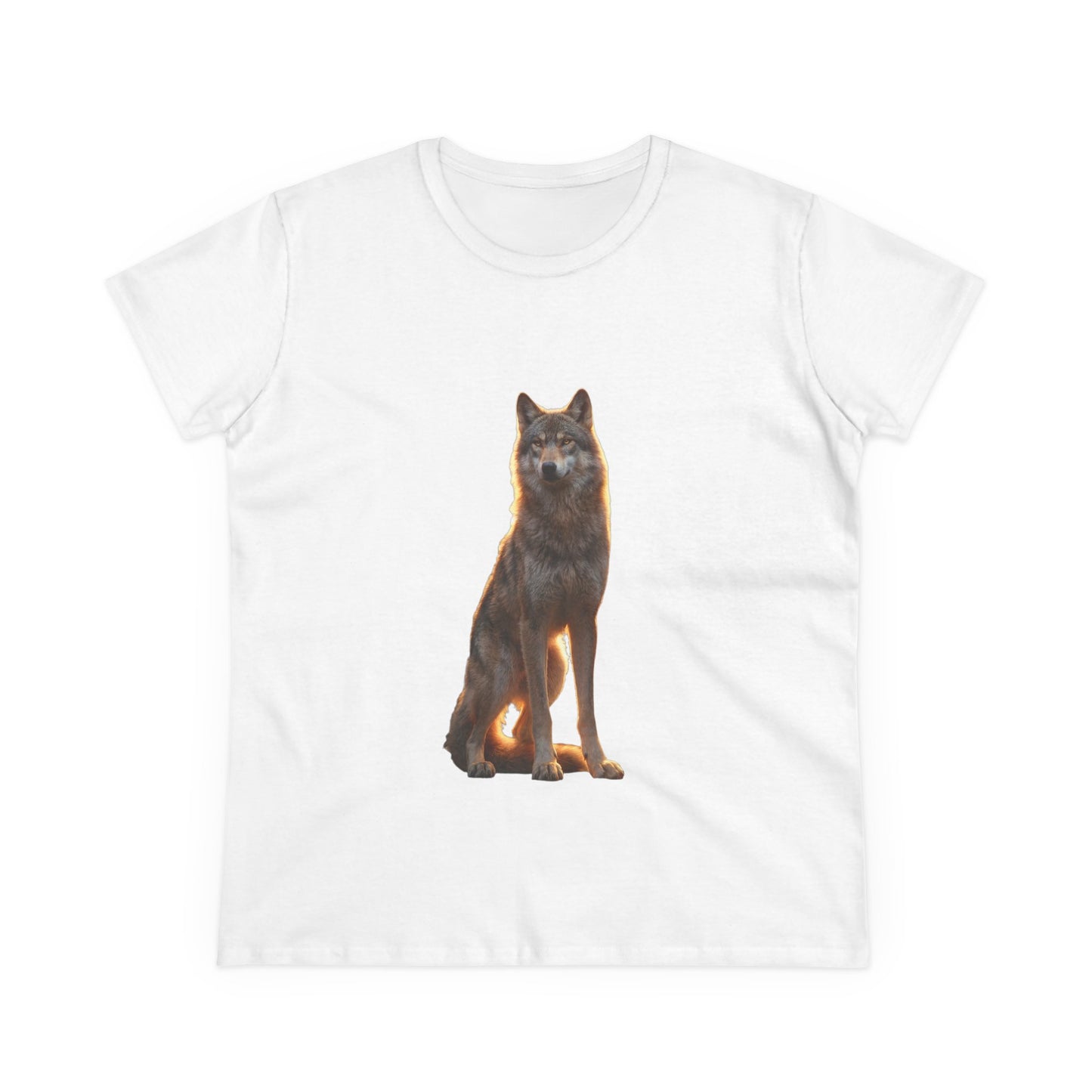 Golden Hour Wolf Women's Midweight Cotton Tee – Sentient Silhouette on Black