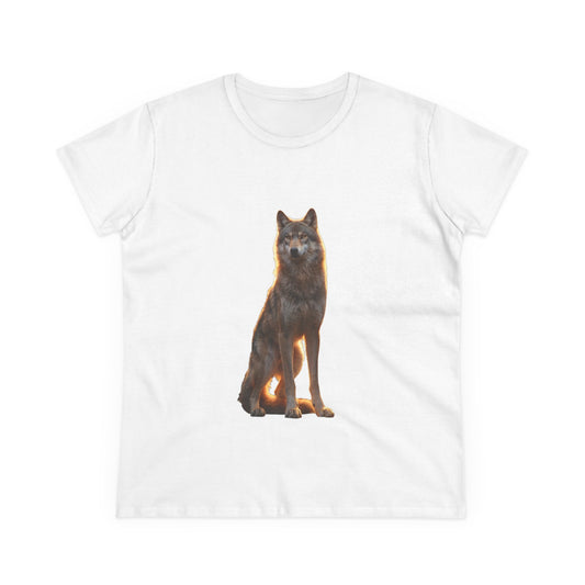 Golden Hour Wolf Women's Midweight Cotton Tee – Sentient Silhouette on Black