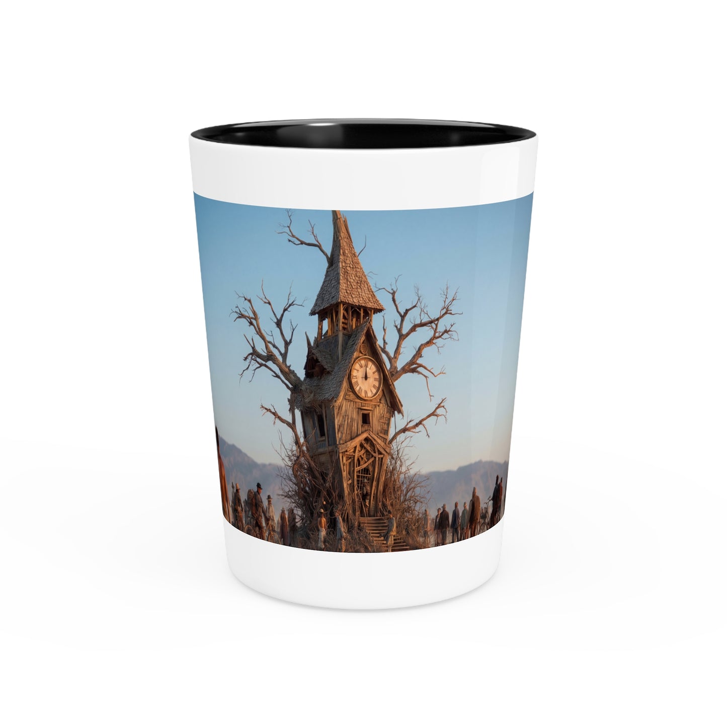 Clock Tower Wanderers Shot Glass – Desert Pilgrims and Rustic Timepiece