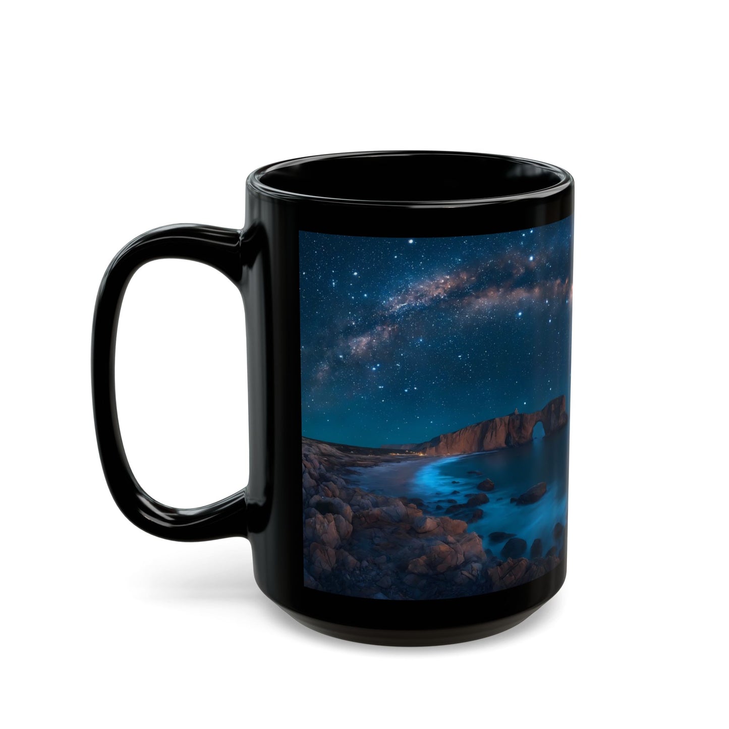 Celestial Archway Black Mug – Milky Way Over Moonlit Coastline