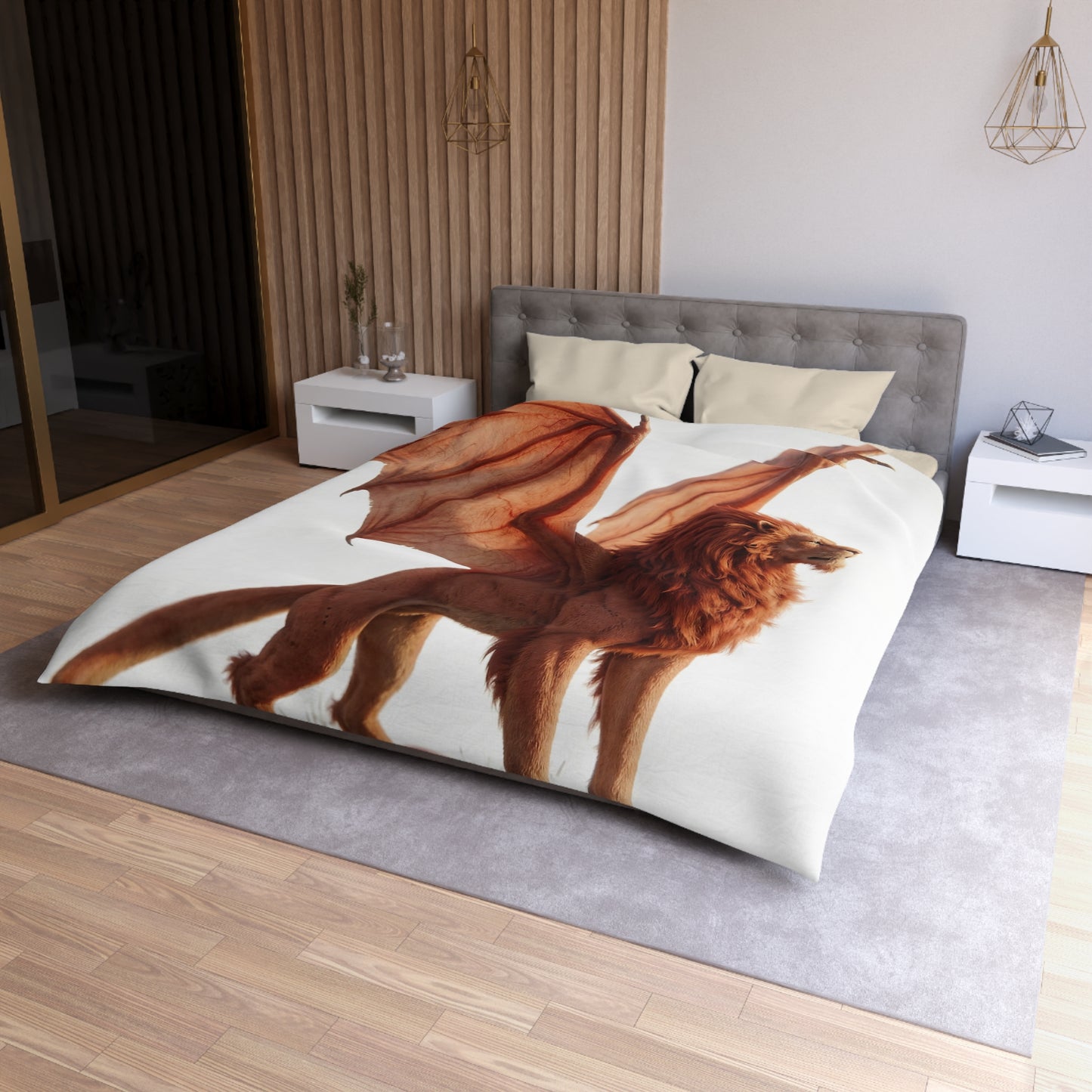 Winged Lion Sentinel Microfiber Duvet Cover – Sunset Throne of Warmth