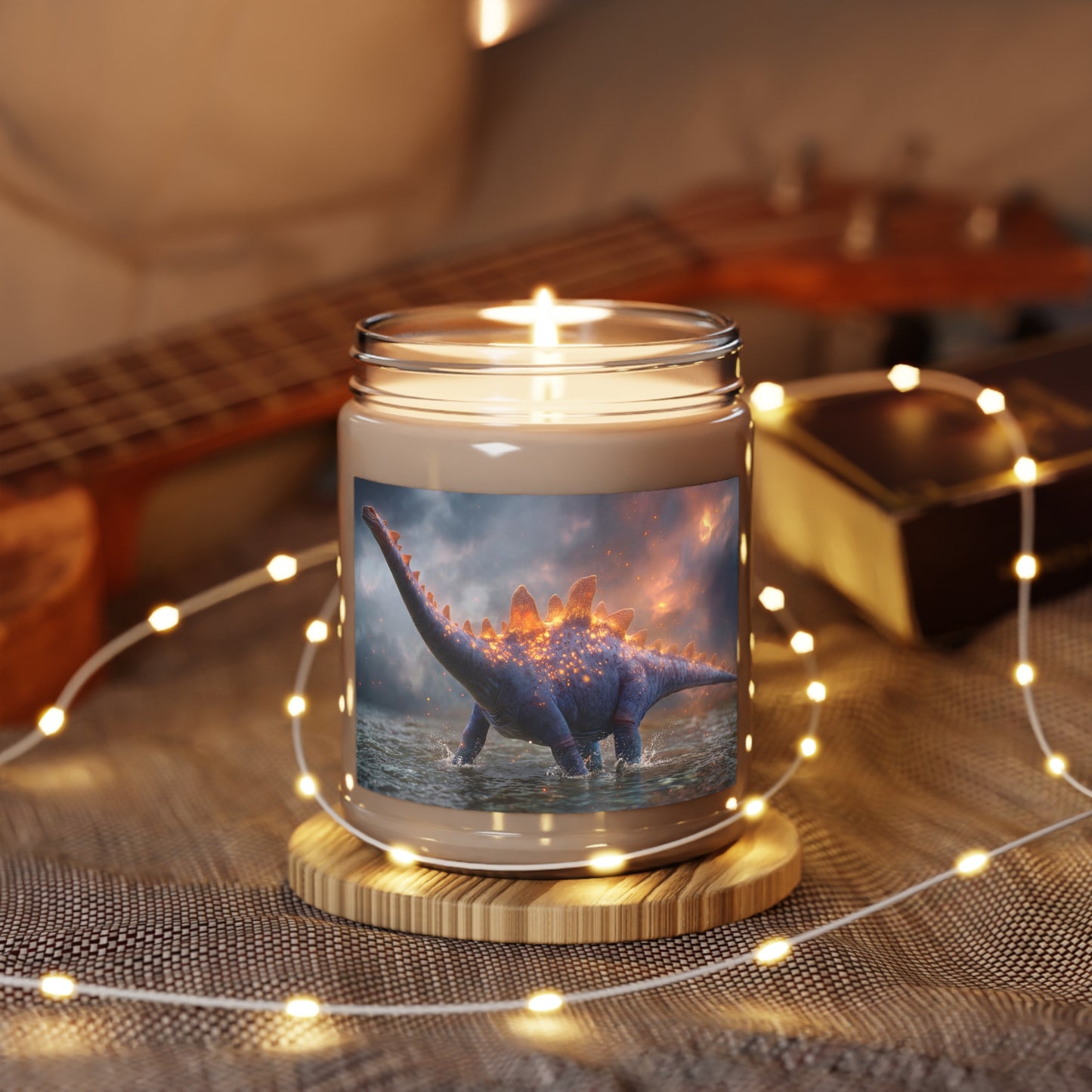 Celestial Stegosaurus Scented Soy Candles with White Lid, 9oz – Amber Glow in the Prehistoric Dawn