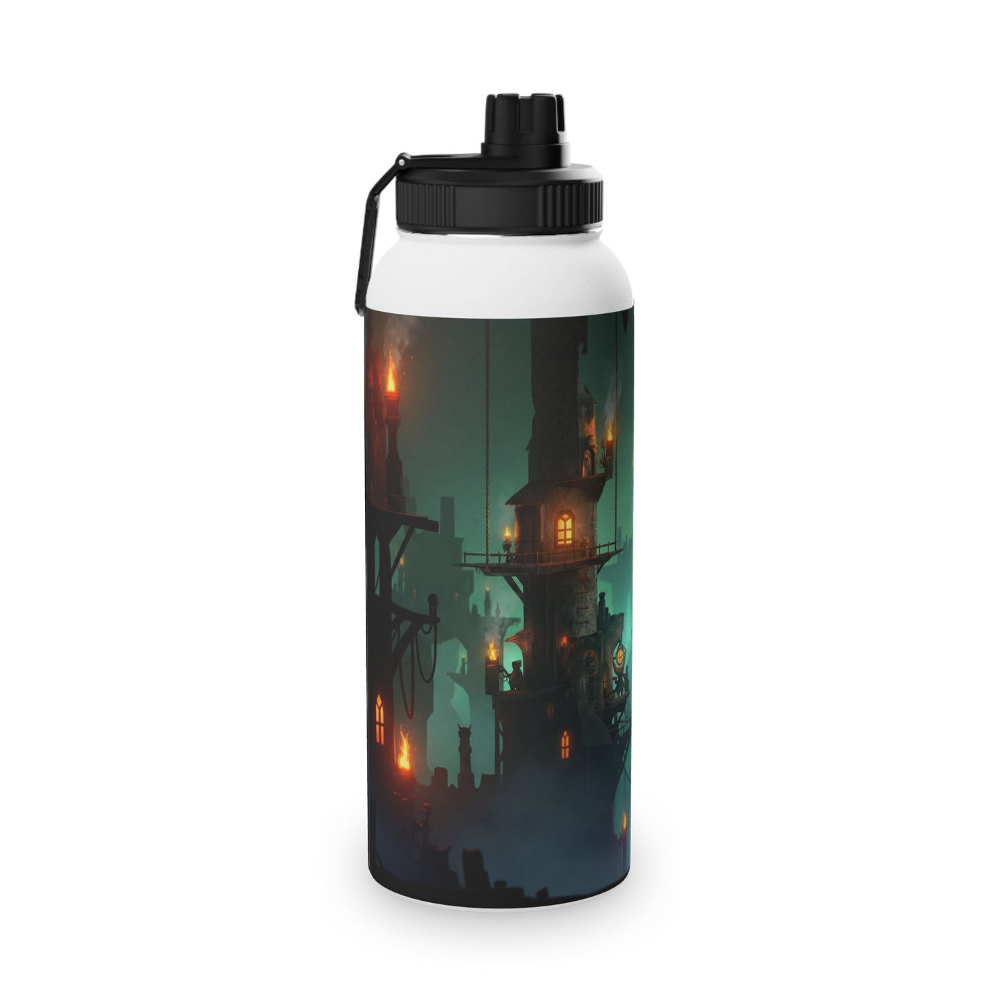 Floating City at Dusk Stainless Steel Water Bottle, Sports Lid – Amber Lanterns Over Misty Skyline