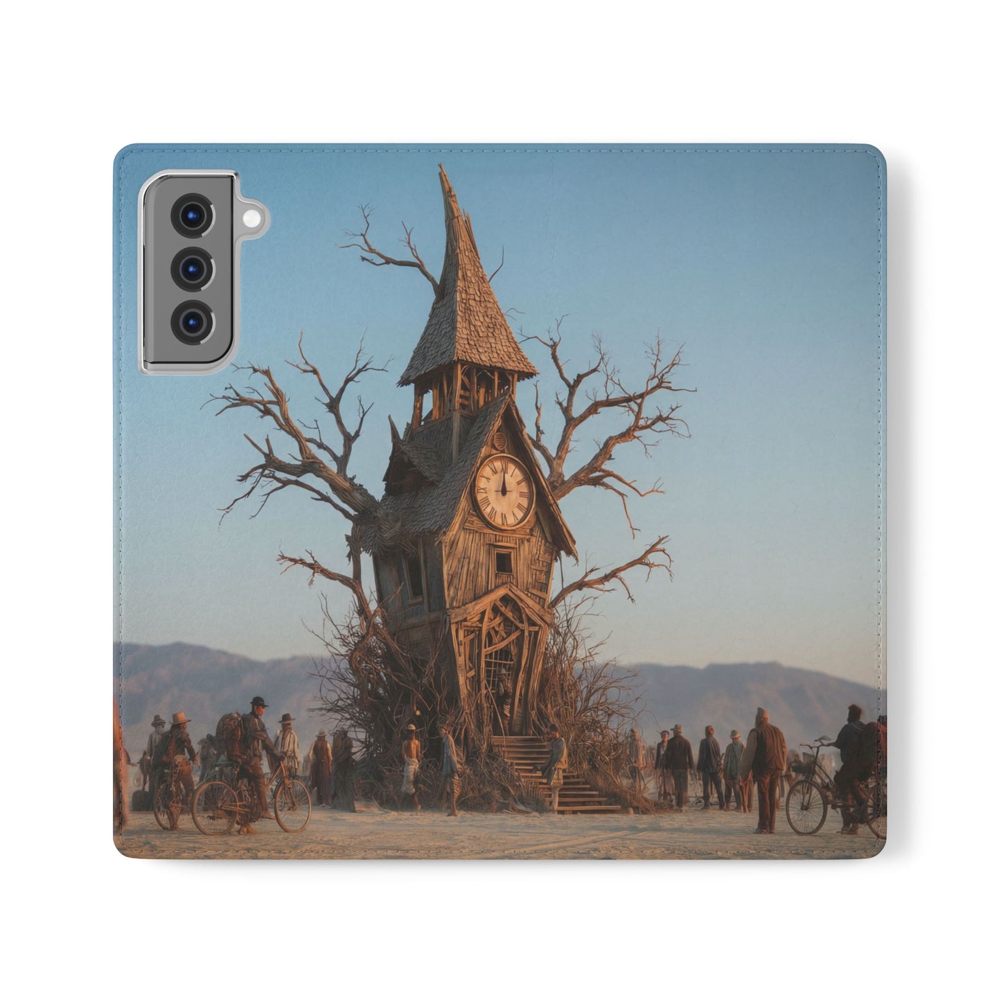 Clocktower Wanderers Flip Cases – Dusty Desert Sentinel Scene