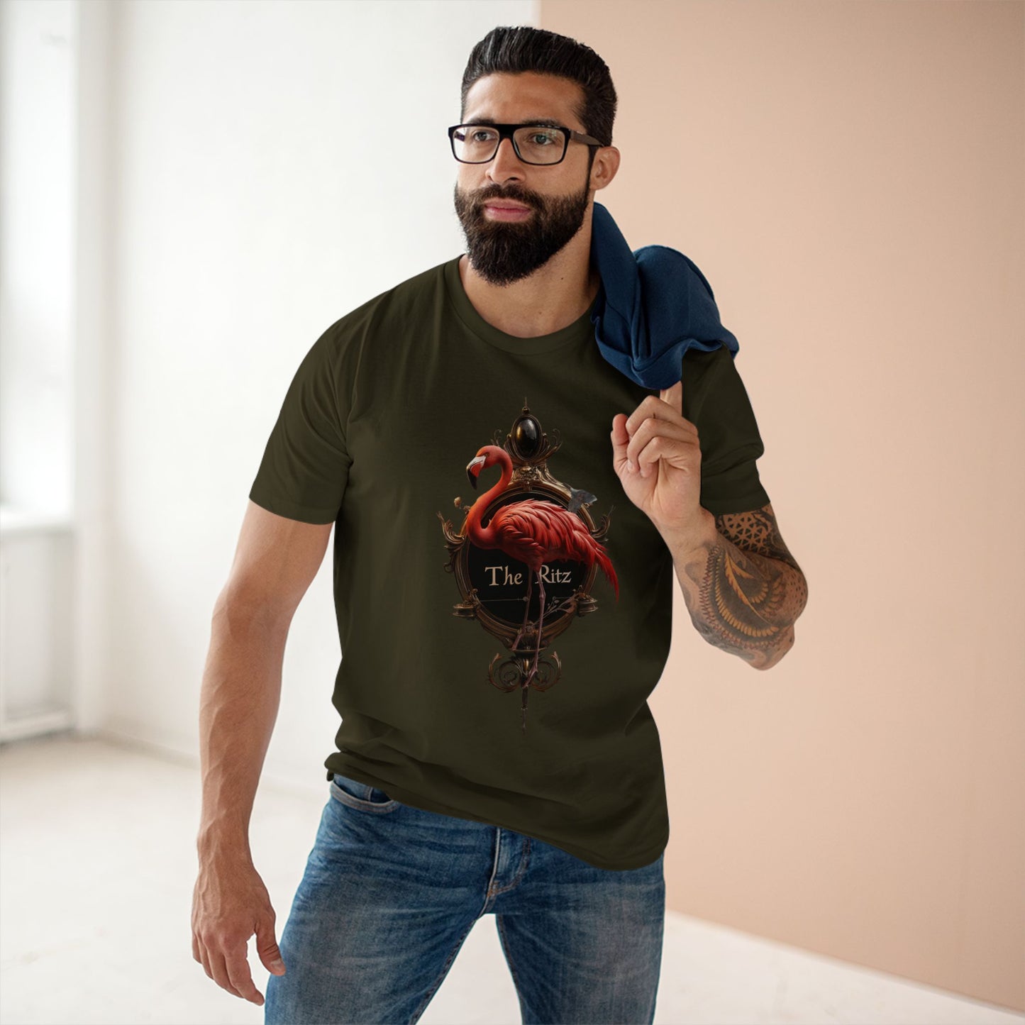 Crimson Flamingo The Ritz Tee – Ornate Gold Crest & Elegant Bird Art