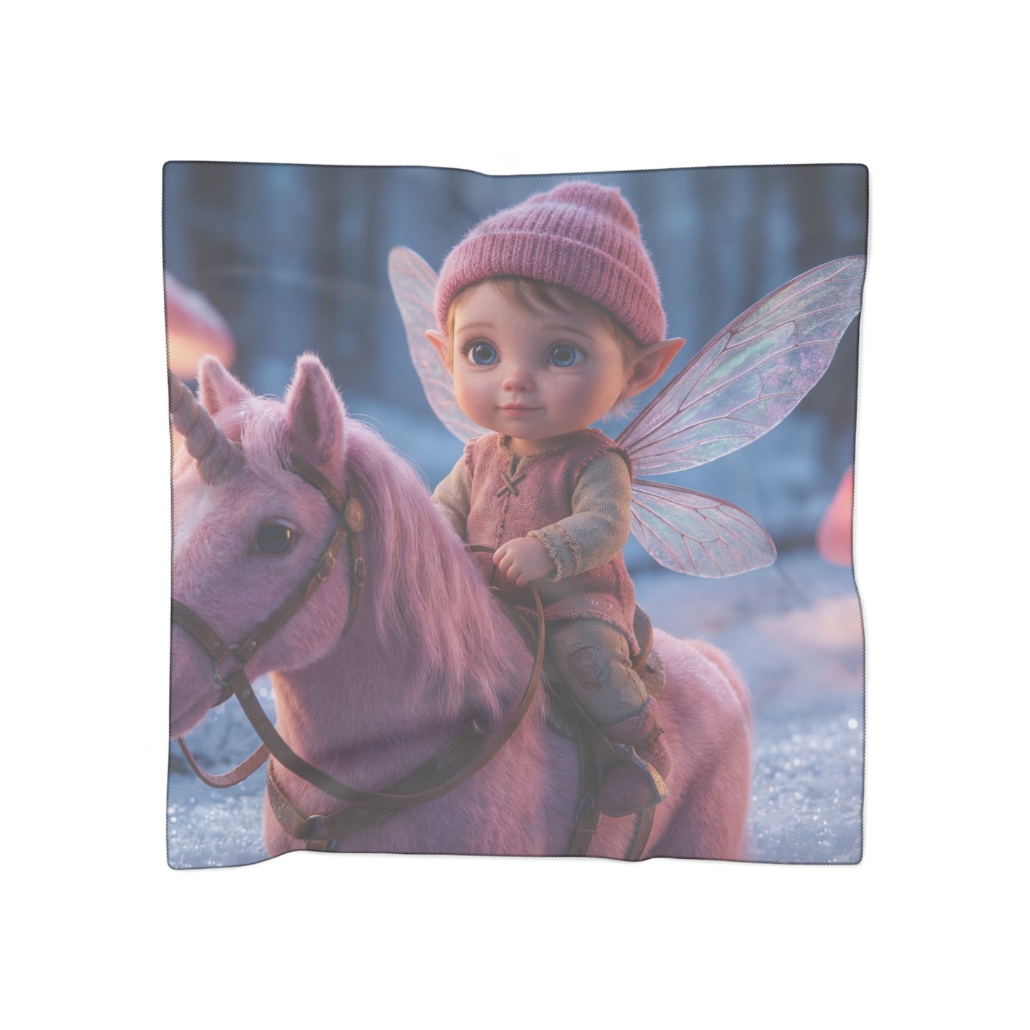 Tiny Fairy on Pink Unicorn Scarf – Winter Forest Glow